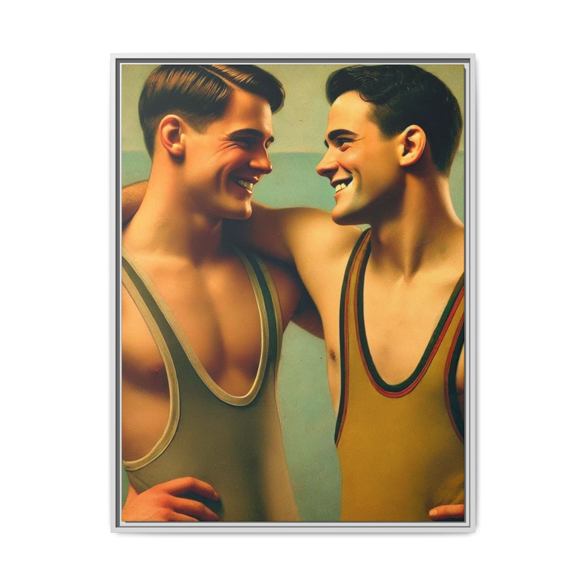 Framed artwork of two young wrestlers in vintage singlets sharing a candid moment, inspired by Grant Wood's Regionalist art style.