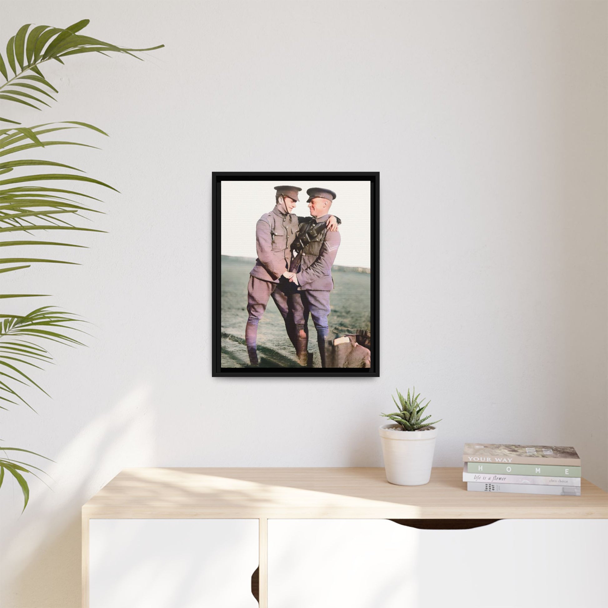 A restored vintage military portrait of Lee & Clifford, soldiers in the Battle of Amiens. This framed matte canvas honors LGBTQ+ history, resilience, and love in wartime.