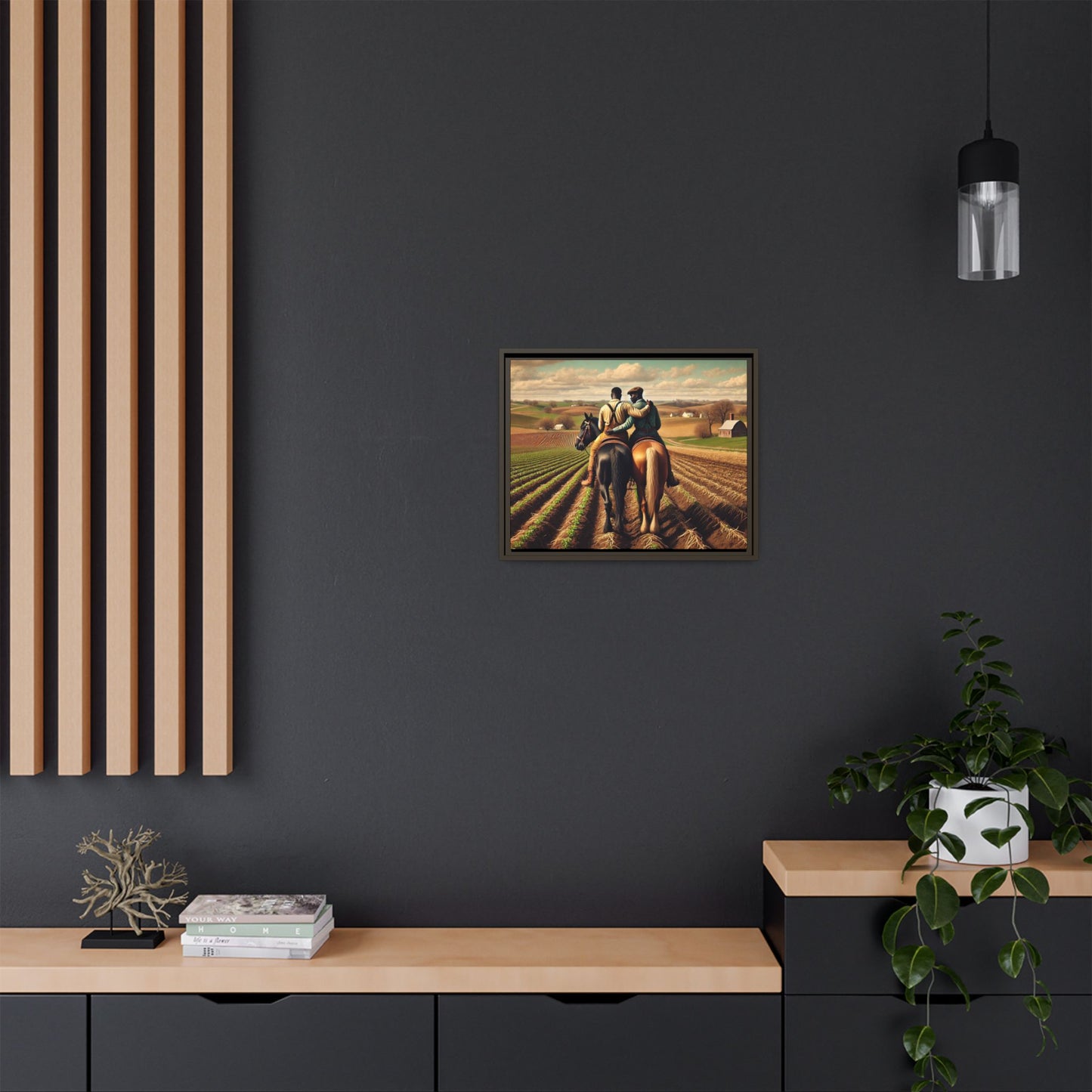 Artwork of an African-American gay couple riding horseback through expansive farmland, sharing a tender moment as they overlook lush fields. Dressed in rugged vintage attire, this scene captures resilience, love, and the charm of rural life, celebrating LGBTQ+ history and African-American heritage.