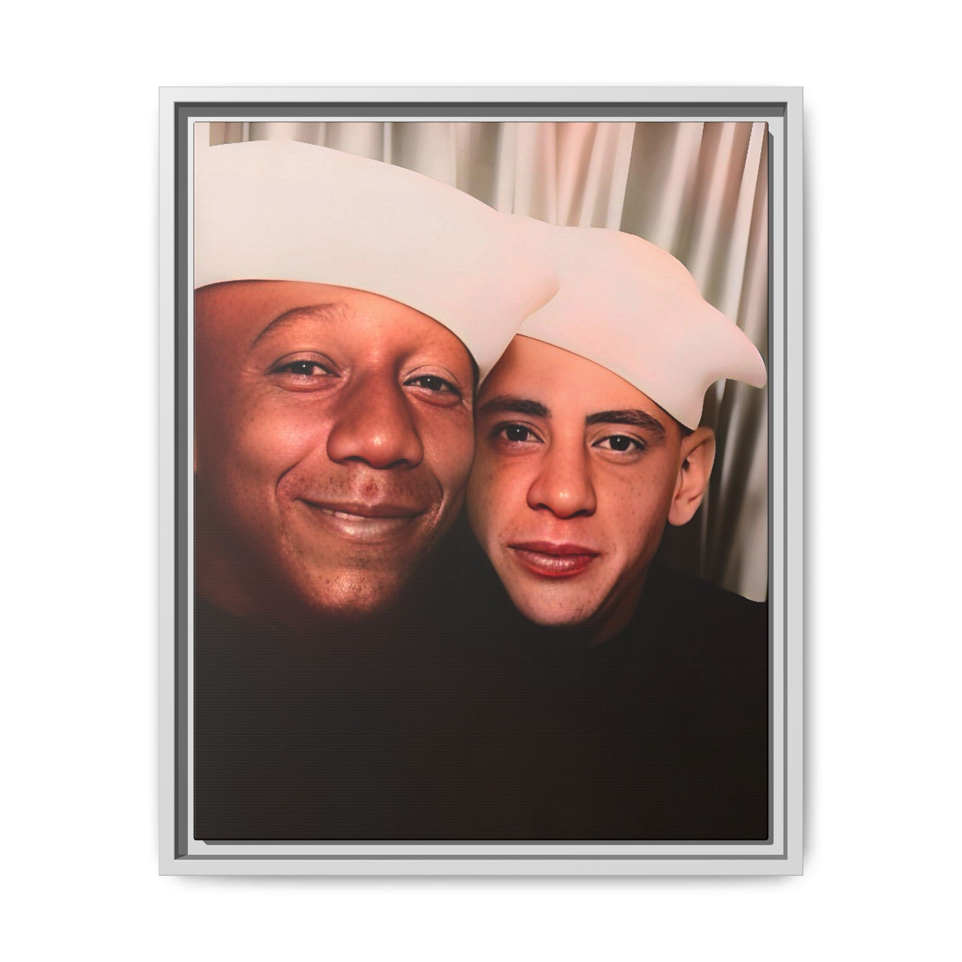 Restored vintage photo of Arthur & Marvin, WWII-era gay sailors in a photo booth, Daytona Beach FL, framed canvas art.