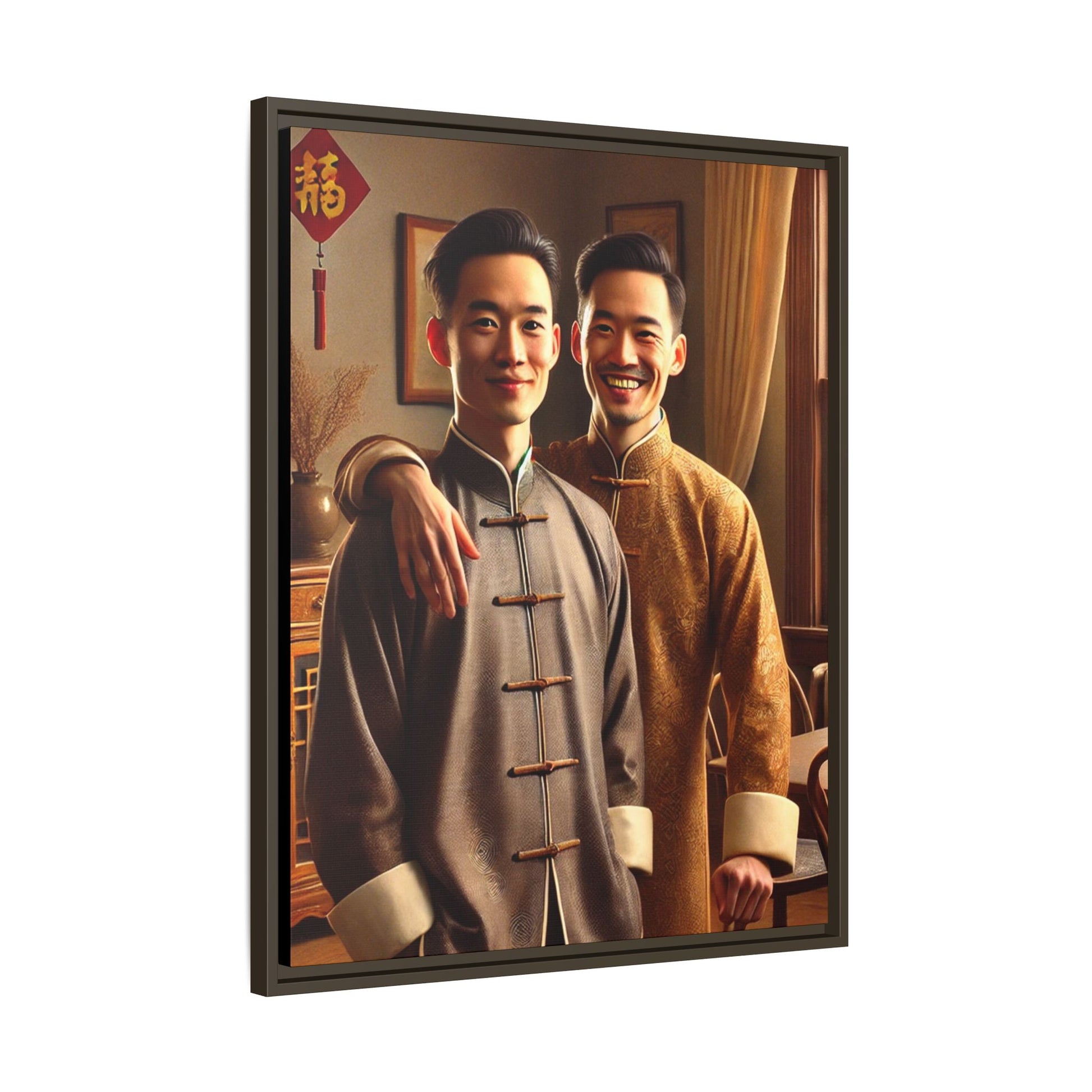 Artwork featuring a joyful portrait of a Chinese queer couple celebrating Chinese New Year in traditional attire. Set in a cozy American home adorned with subtle decorations, this image captures love, cultural pride, and warmth, blending Chinese heritage with a Midwestern setting
