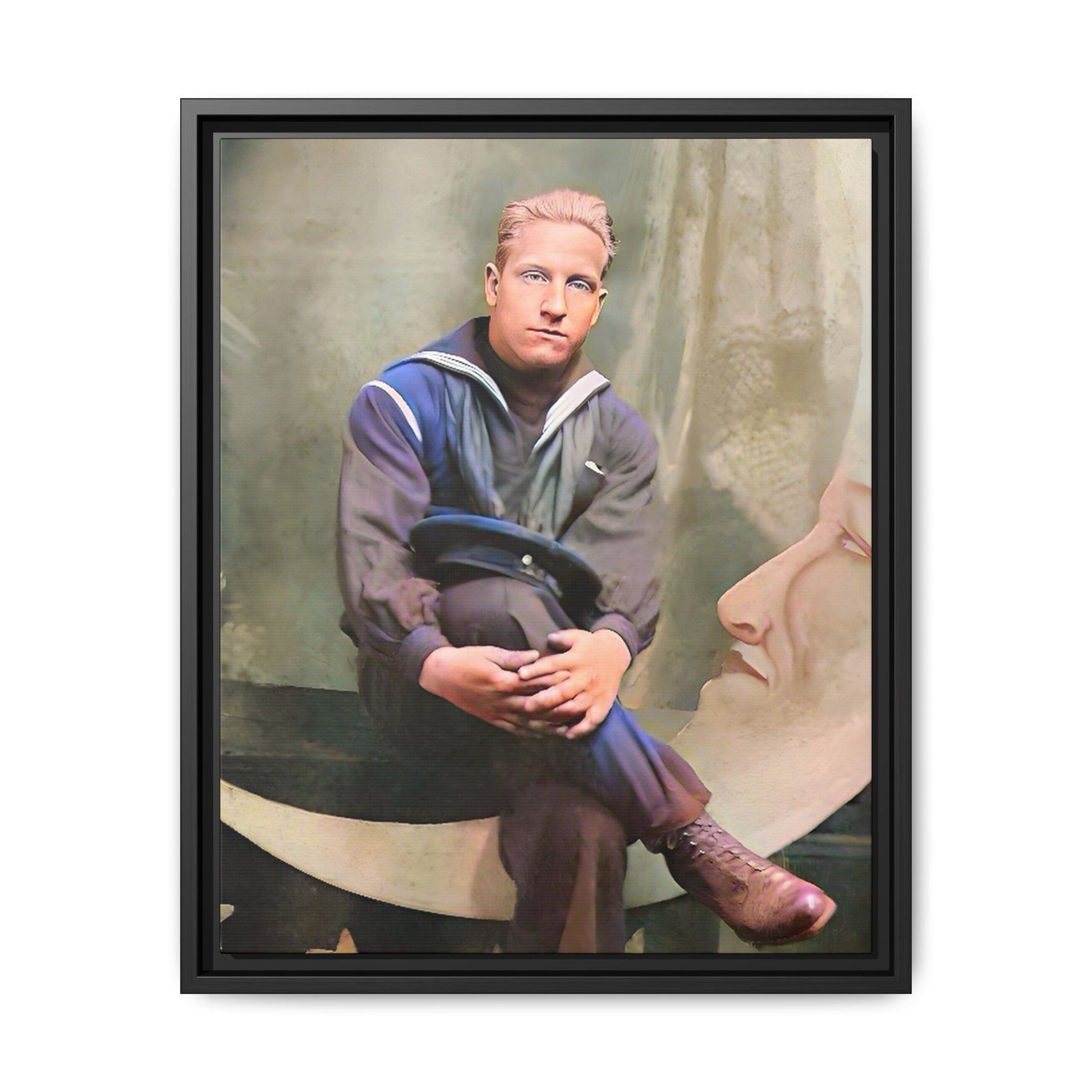 A vintage U.S. Navy sailor portrait featuring Jacob in uniform with a crescent moon backdrop. This framed matte canvas print is a timeless tribute to naval service, ideal for military history collectors, veterans, and nautical decor lovers. Art Deco Paper Moon Prop