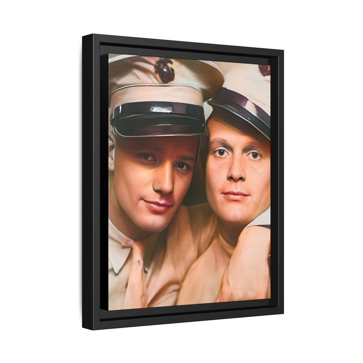 Restored vintage photograph of Paul and Ralph, an early 20th-century LGBTQ+ military couple from Camp Atterbury, Indiana. Framed matte canvas print celebrating love, courage, and LGBTQ+ history. Gay Couple Photo Booth