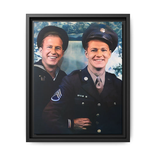 A framed vintage military portrait on matte canvas featuring a sailor and a soldier in Scapa Flow, Scotland, symbolizing service and camaraderie. Gay Couple