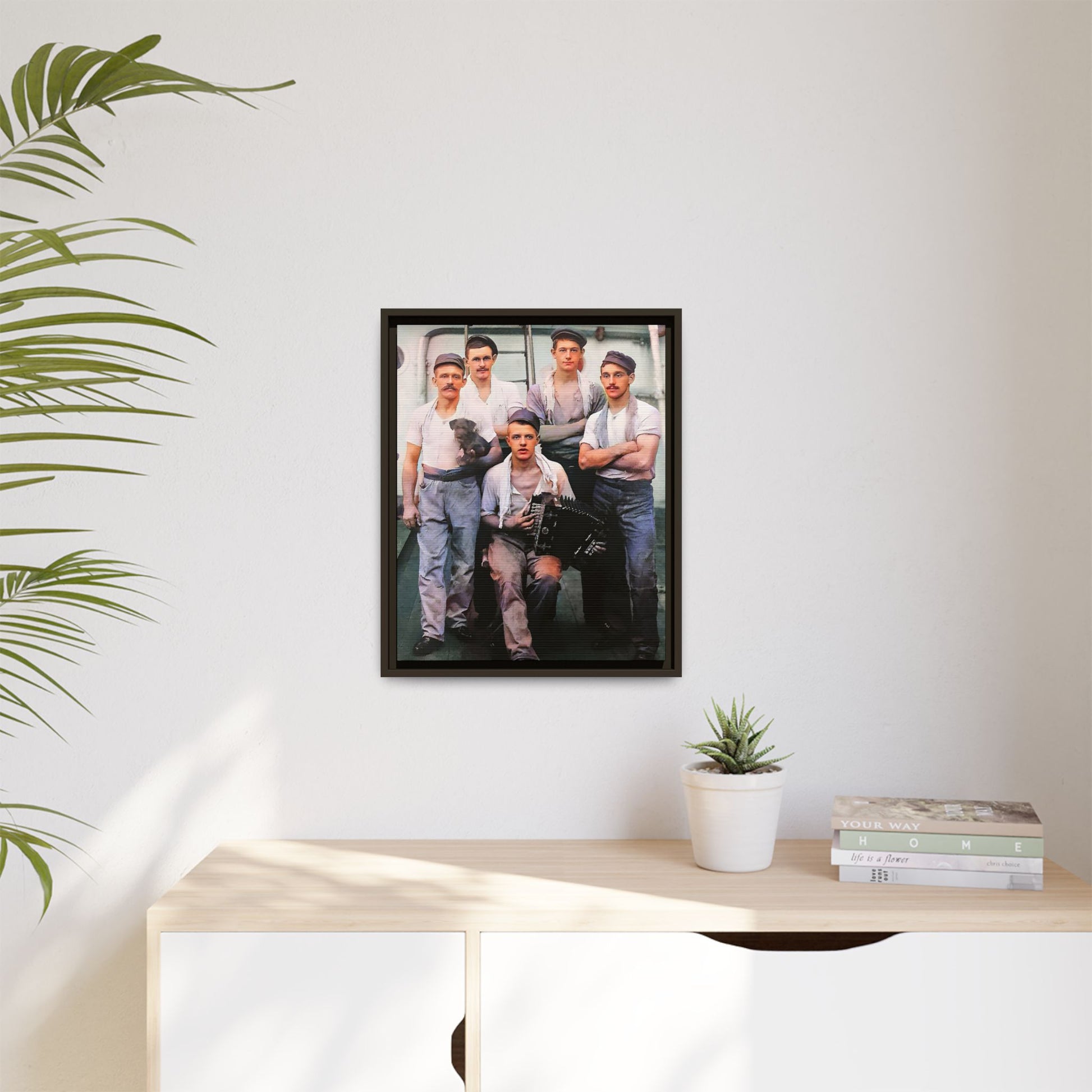 A vintage maritime photograph printed on matte canvas, featuring sailors aboard the Waimarino Cargo Ship, highlighting companionship, tradition, and the spirit of life at sea.