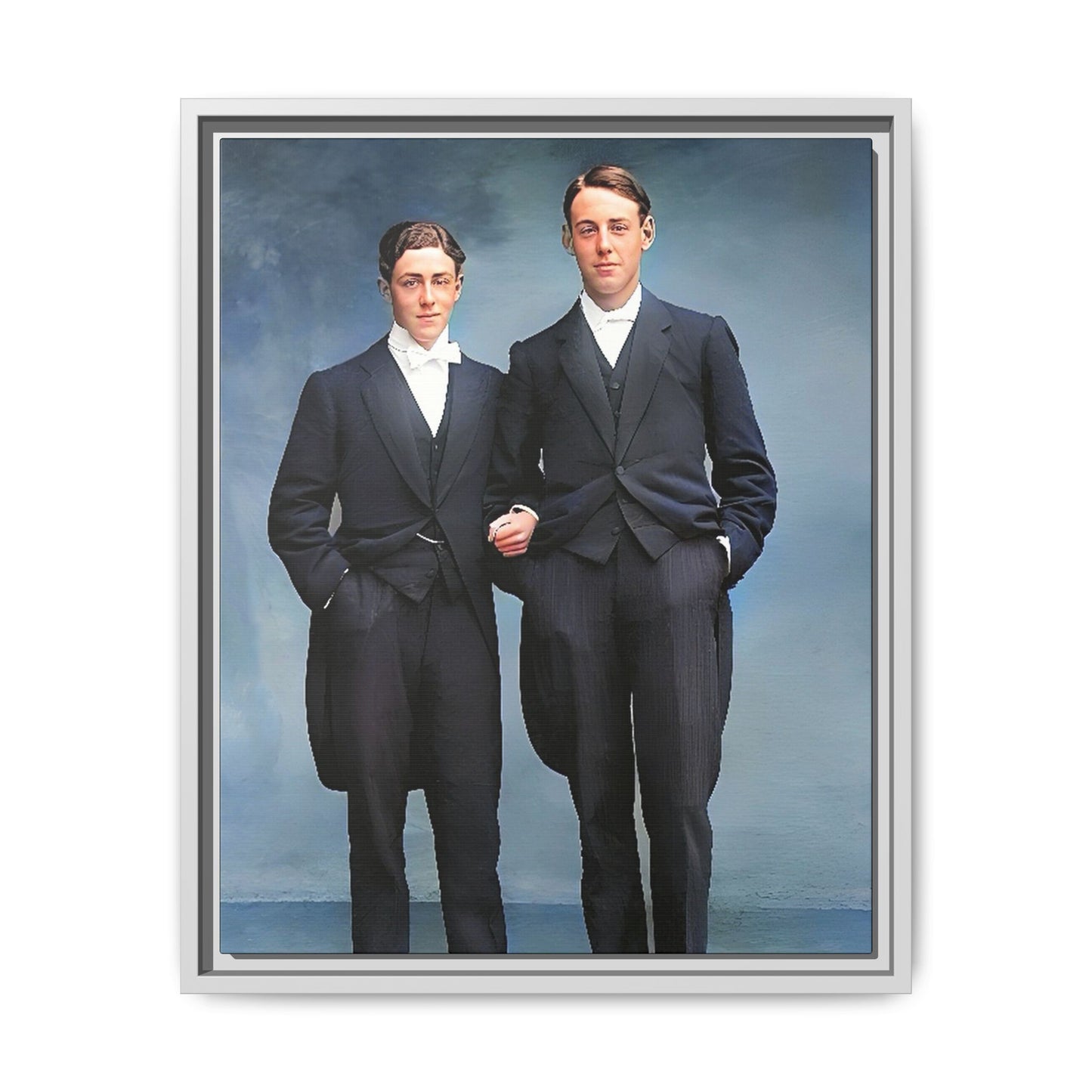 A framed vintage photo on matte canvas featuring a sophisticated LGBTQ+ couple in Rumson, NJ, capturing elegance and timeless love. Gay Formal Prom