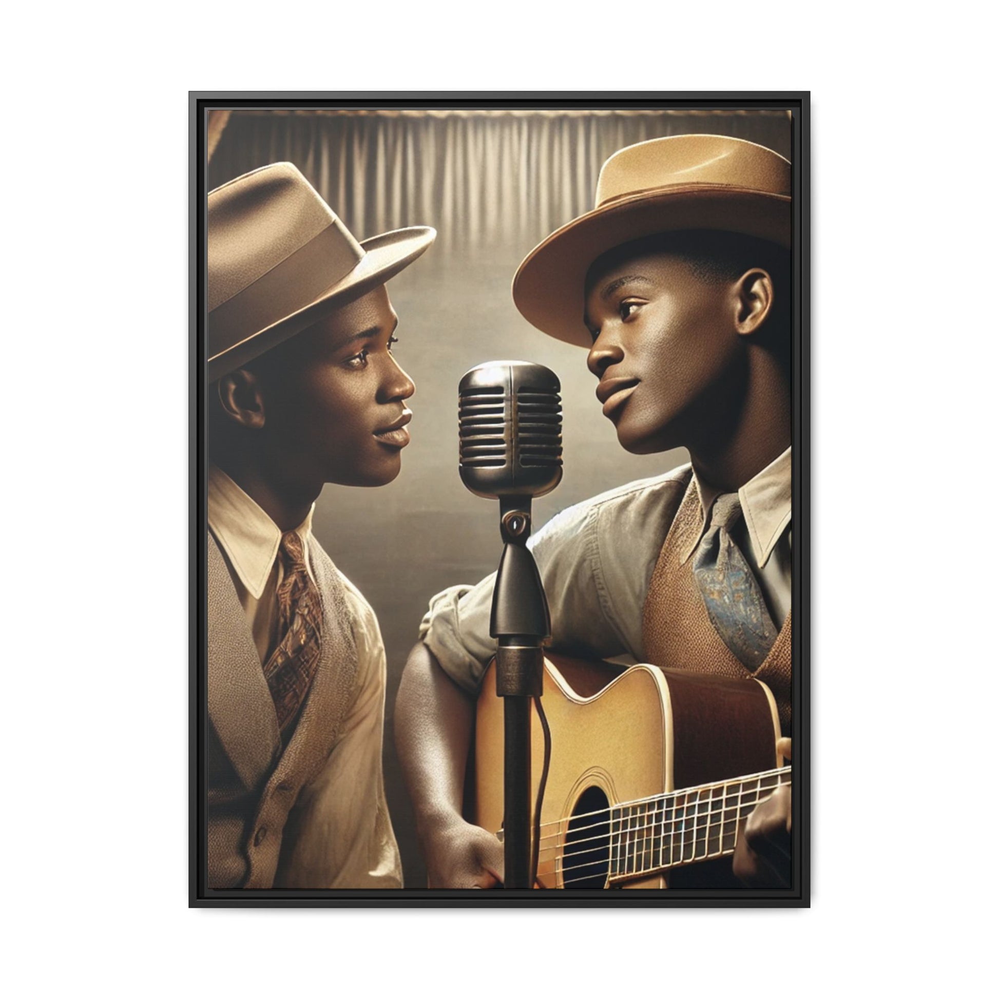 Artwork of an African-American gay couple recording a song in a 1930s-style studio. Dressed in vintage attire with fedoras and ties, they share a close, tender moment around a classic microphone, capturing love, music, and cultural heritage in a nostalgic setting