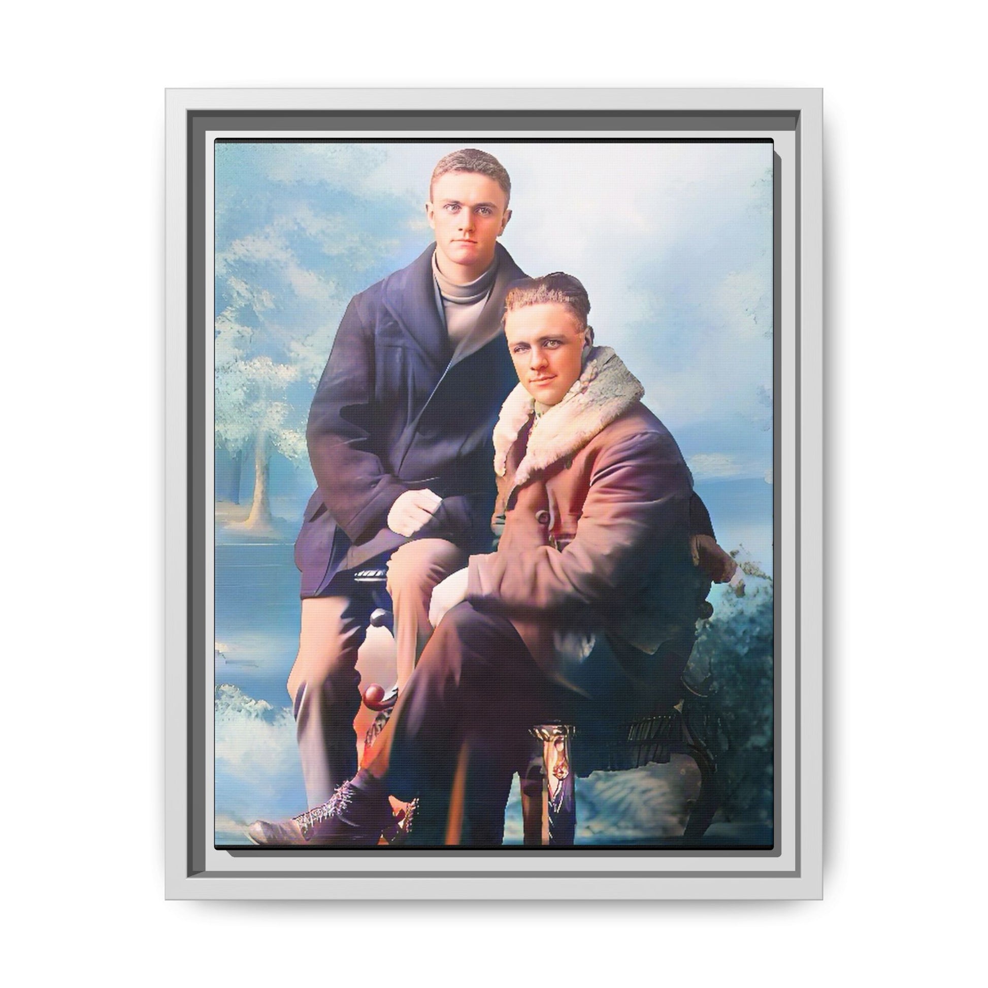 Restored vintage photograph of David and Sam, a gay couple in winter attire from early 20th century Yakima, Washington. Framed matte canvas print showcasing love, resilience, and Gay  history.