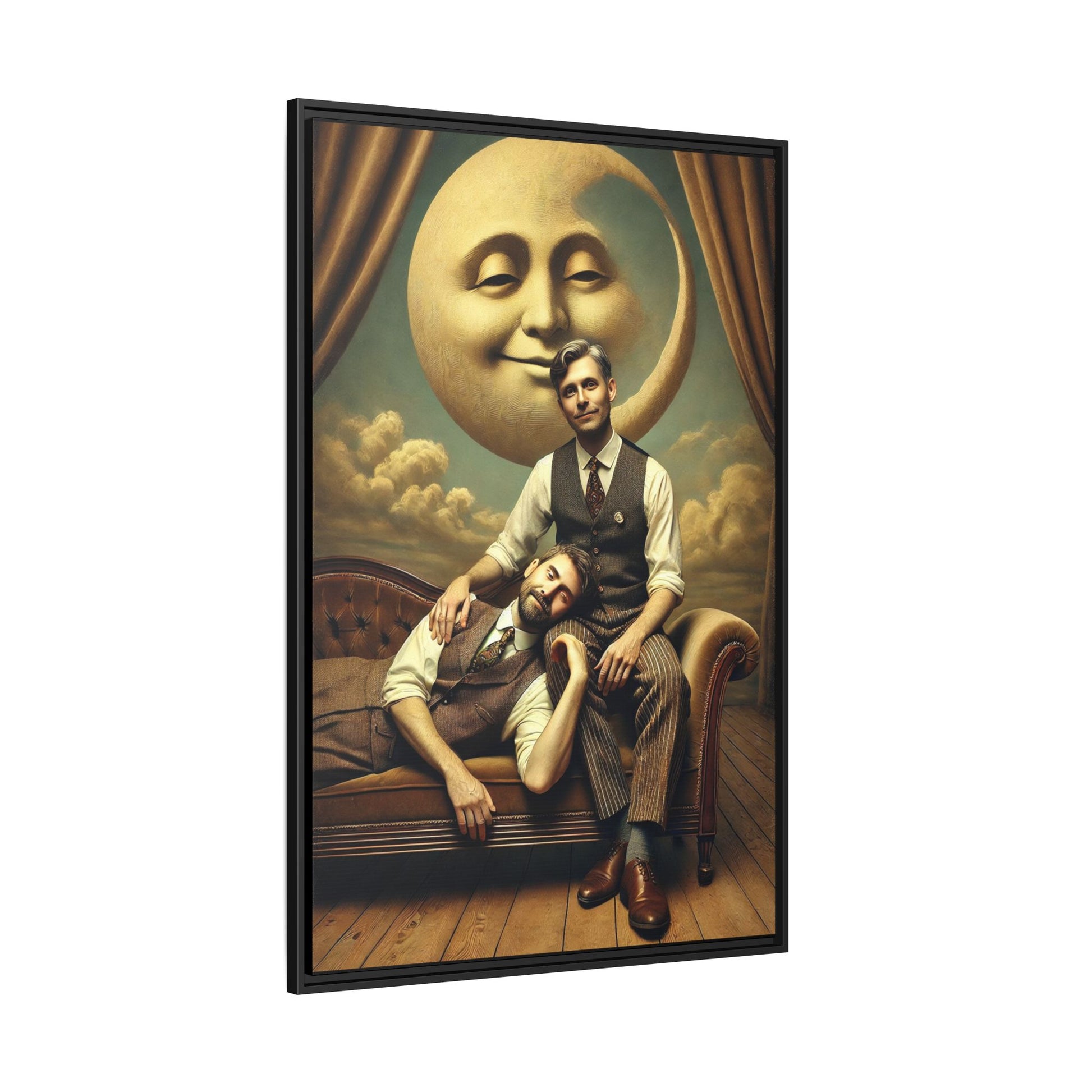 Vintage-style artwork of two men in 1920s clothing sitting close, one resting his head on the other’s lap beneath a smiling moon. Surrounded by theatrical curtains and clouds, this original piece honors lost queer love and challenges historical erasure with tenderness and pride.