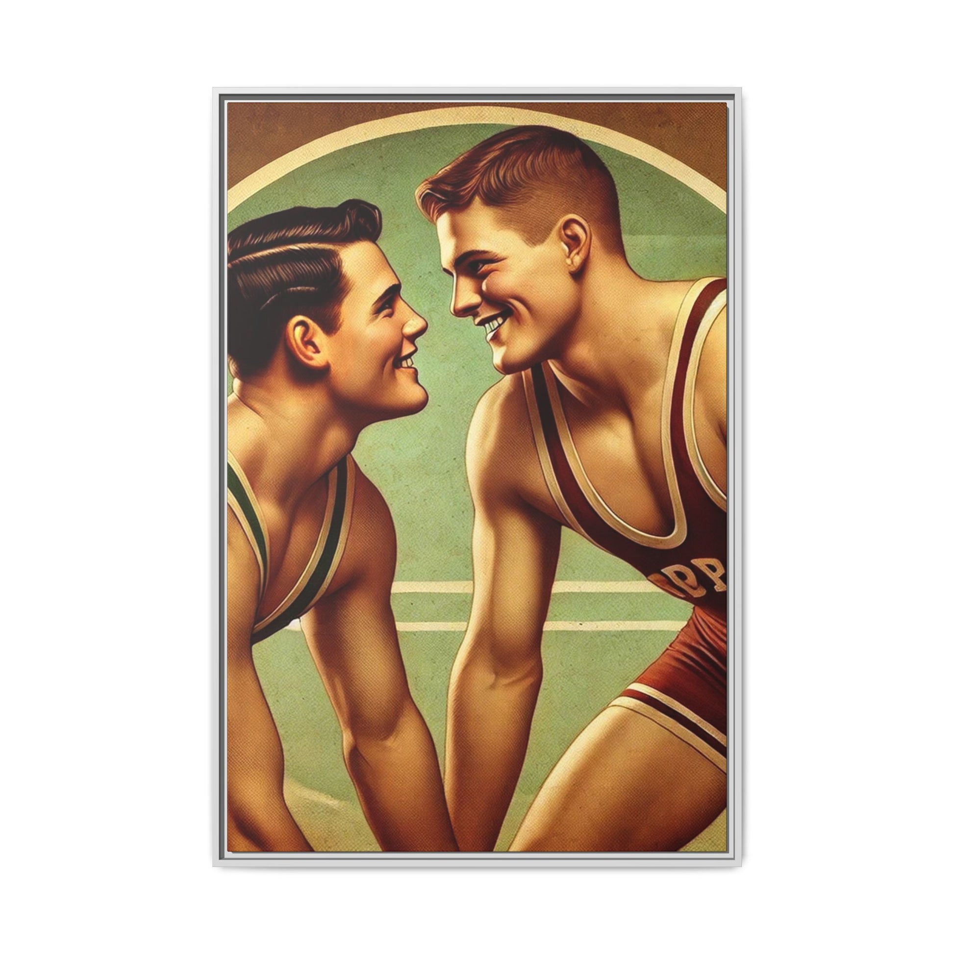 Framed artwork of two young wrestlers in vintage singlets on a stylized mat, inspired by Grant Wood's nostalgic Americana style.