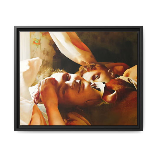 A heartwarming vintage portrait of Edwin and Floyd in Burlington, Vermont. This framed canvas print captures a quiet moment of LGBTQ+ love and intimacy, perfect for home decor, collectors, or as a sentimental gift celebrating timeless affection.