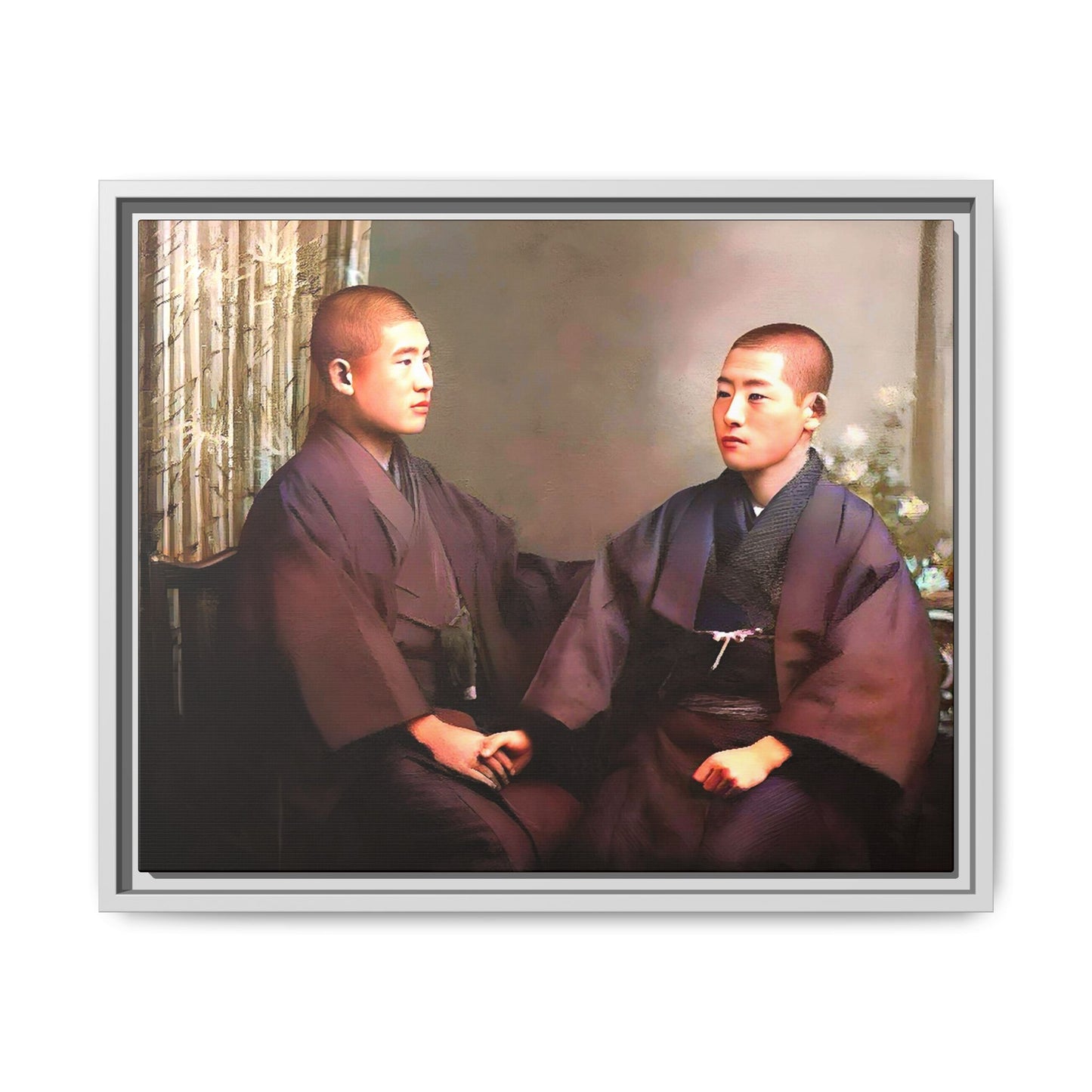 A vintage portrait of Hiroto & Atsushi in Kyoto, Japan. This framed matte canvas celebrates LGBTQ+ love, cultural heritage, and timeless elegance, making it a unique and meaningful art piece for collectors and history enthusiasts. Gay Couple