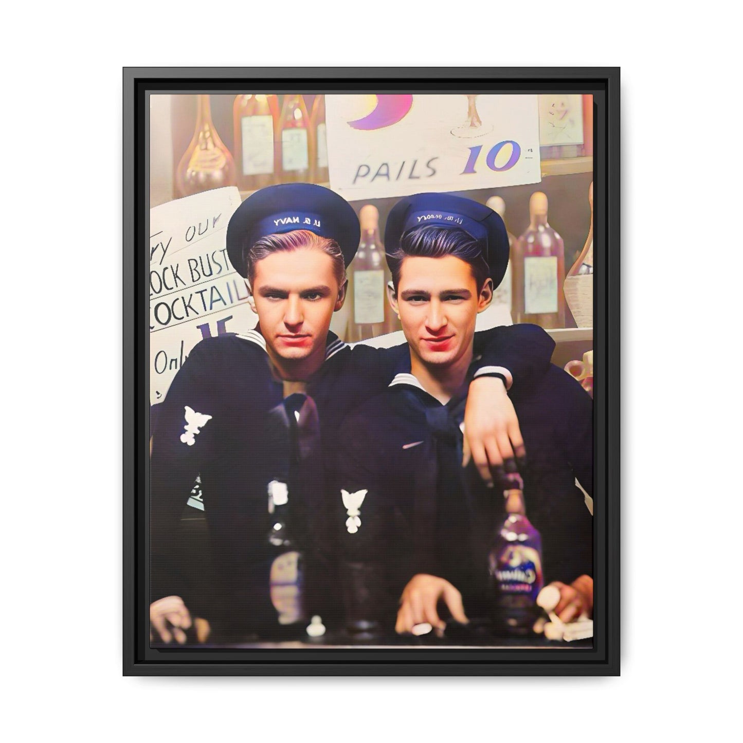 A restored vintage naval portrait of Leo & Vincent, two sailors at Norfolk Naval Station. This framed matte canvas captures LGBTQ+ history, camaraderie, and resilience in a timeless moment. Gay Couple