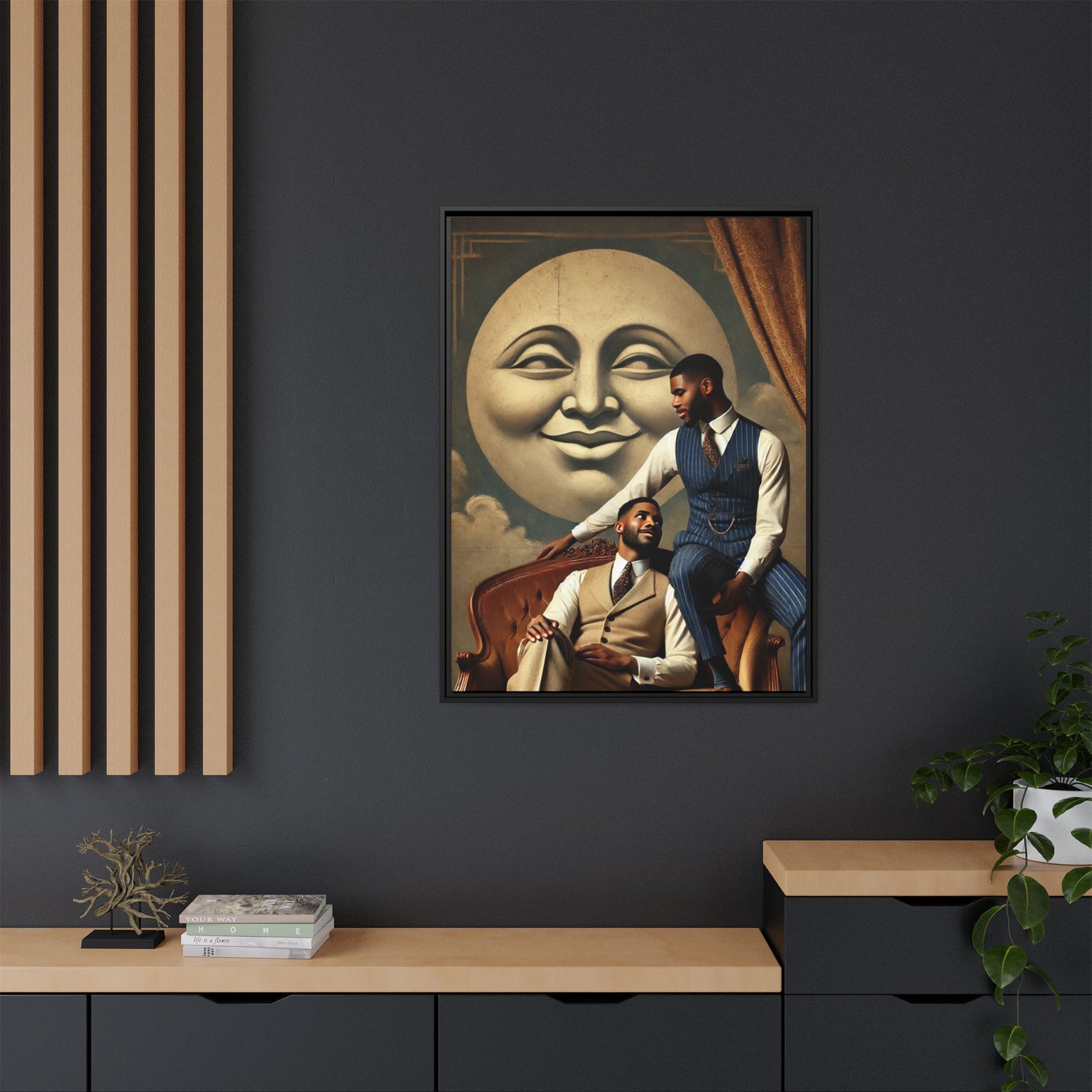 An elegant portrait of two Black men in vintage suits, seated affectionately beneath a smiling full moon. This 1920s-inspired artwork reclaims lost LGBTQ history, honoring Black queer love through style, softness, and resilience.
