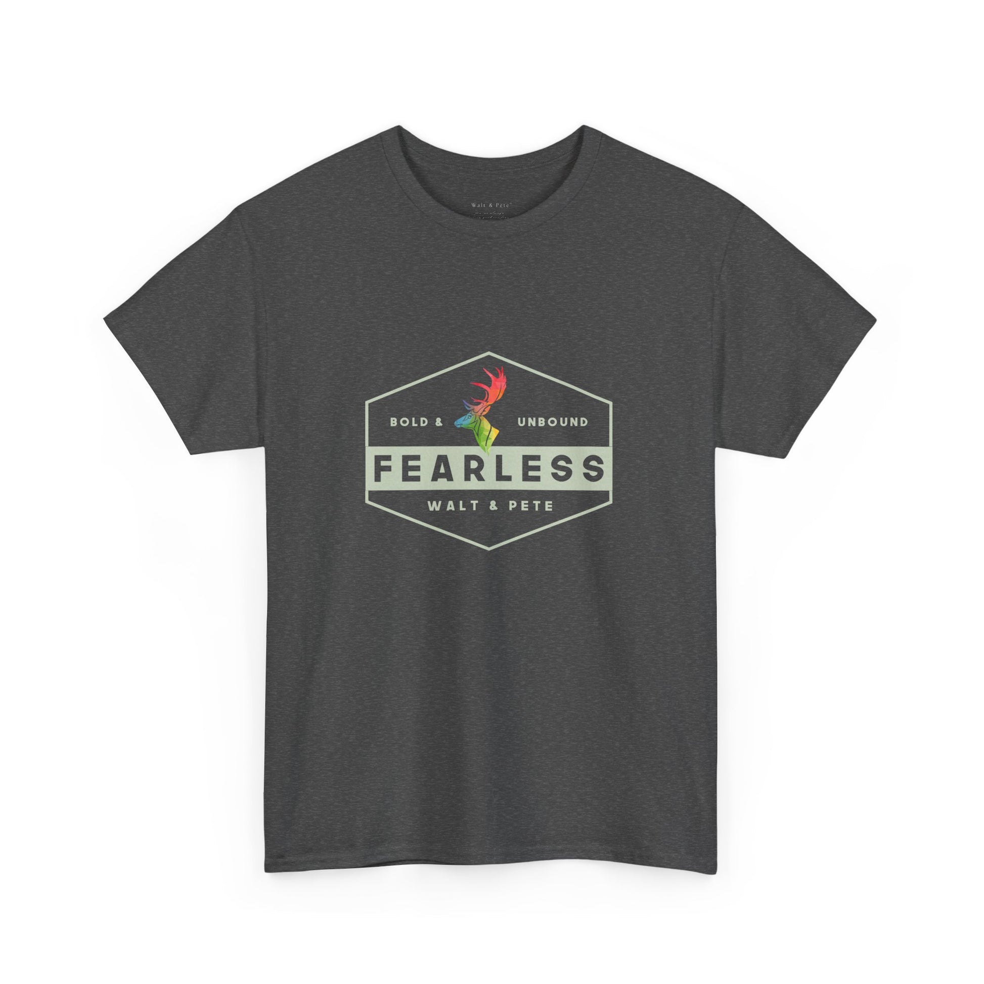 Unisex gr cotton t-shirt with a hexagon badge design reading “Fearless” and “Bold & Unbound,” featuring a rainbow antler—symbolizing LGBTQ+ pride and fearless queer identity