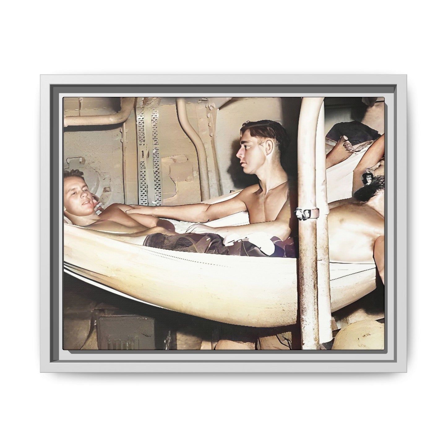 A framed vintage maritime photo on matte canvas featuring sailors aboard the Orleans, capturing life at sea and camaraderie.