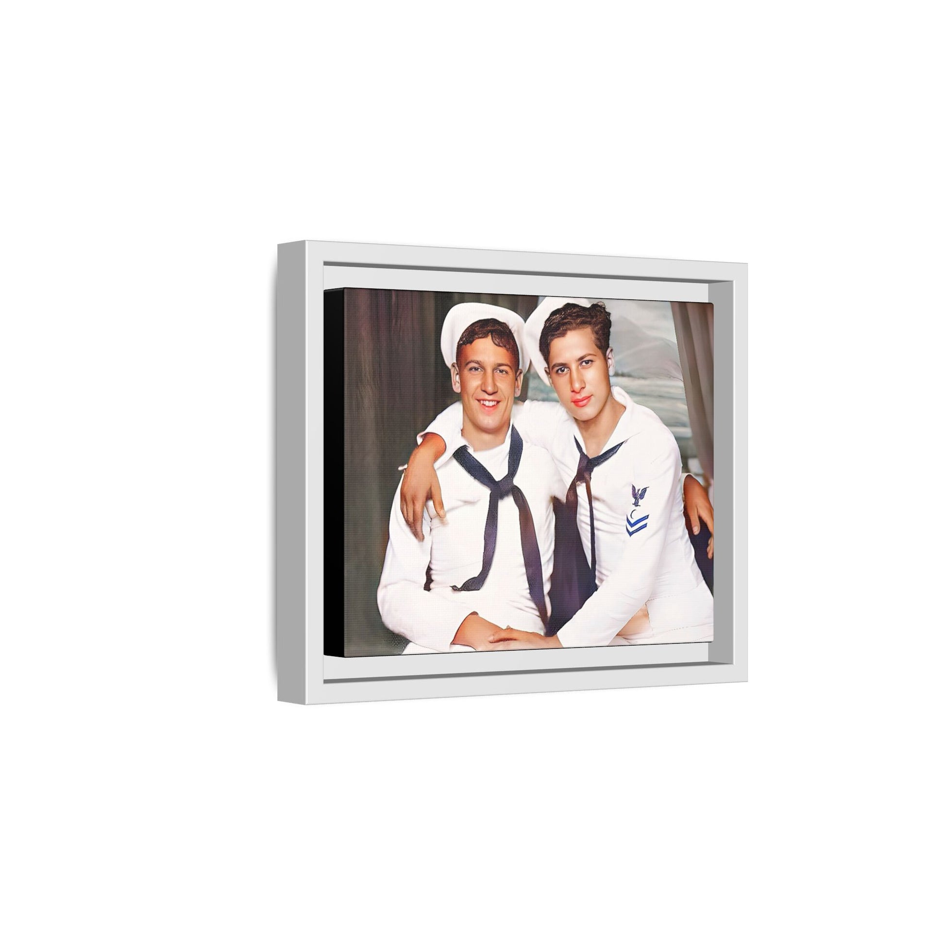 A restored vintage Navy portrait of Kenny and William at Fort Lee, Virginia. This framed matte canvas print honors military camaraderie, resilience, and LGBTQ+ history with a timeless tribute to friendship and love. Gay Couple Sailors Navy