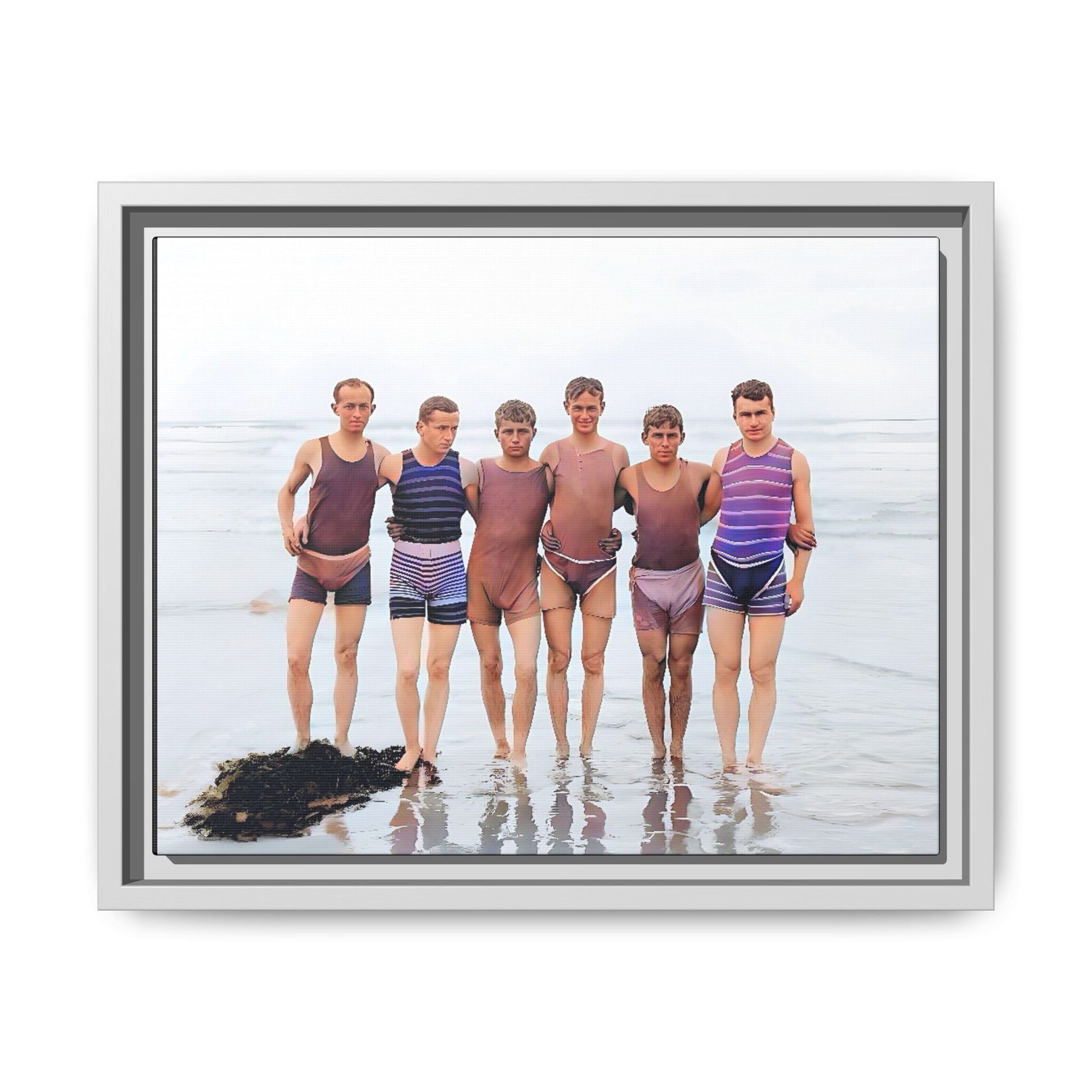 A framed vintage beach portrait on matte canvas featuring a joyful group at Herring Cove Beach, Provincetown, capturing timeless summer camaraderie.