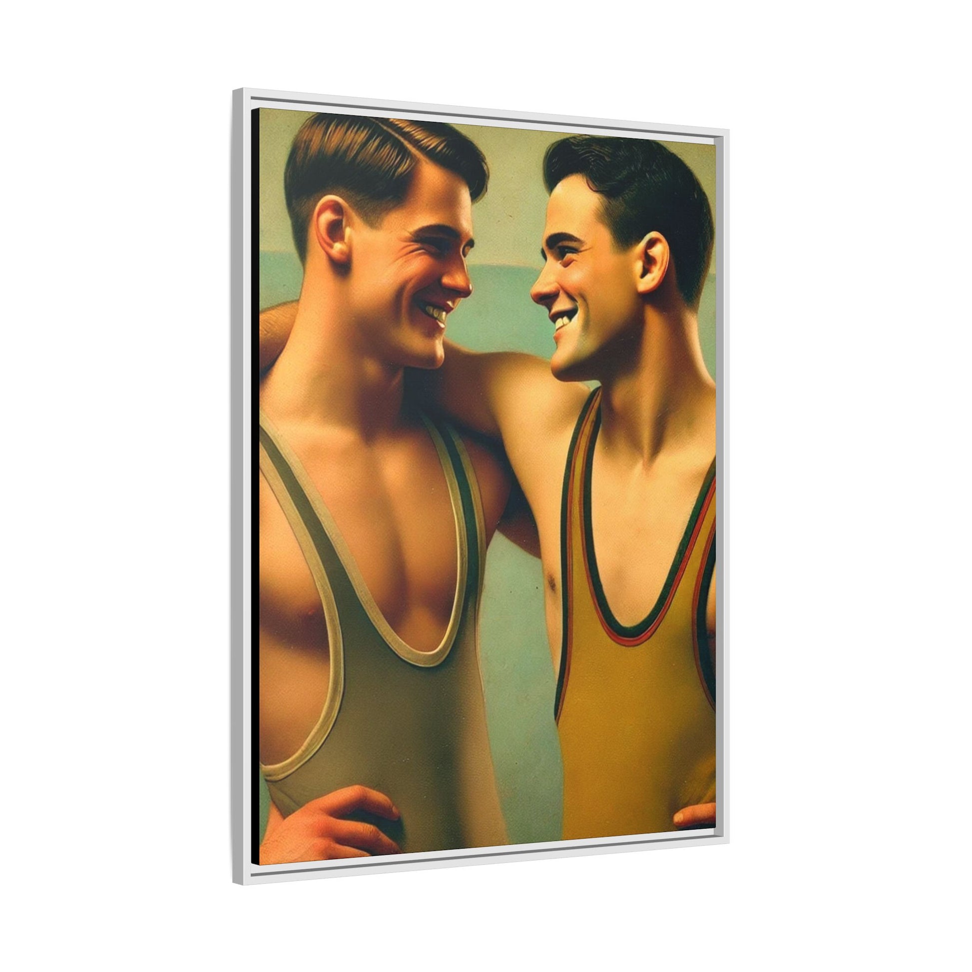 Framed artwork of two young wrestlers in vintage singlets sharing a candid moment, inspired by Grant Wood's Regionalist art style.