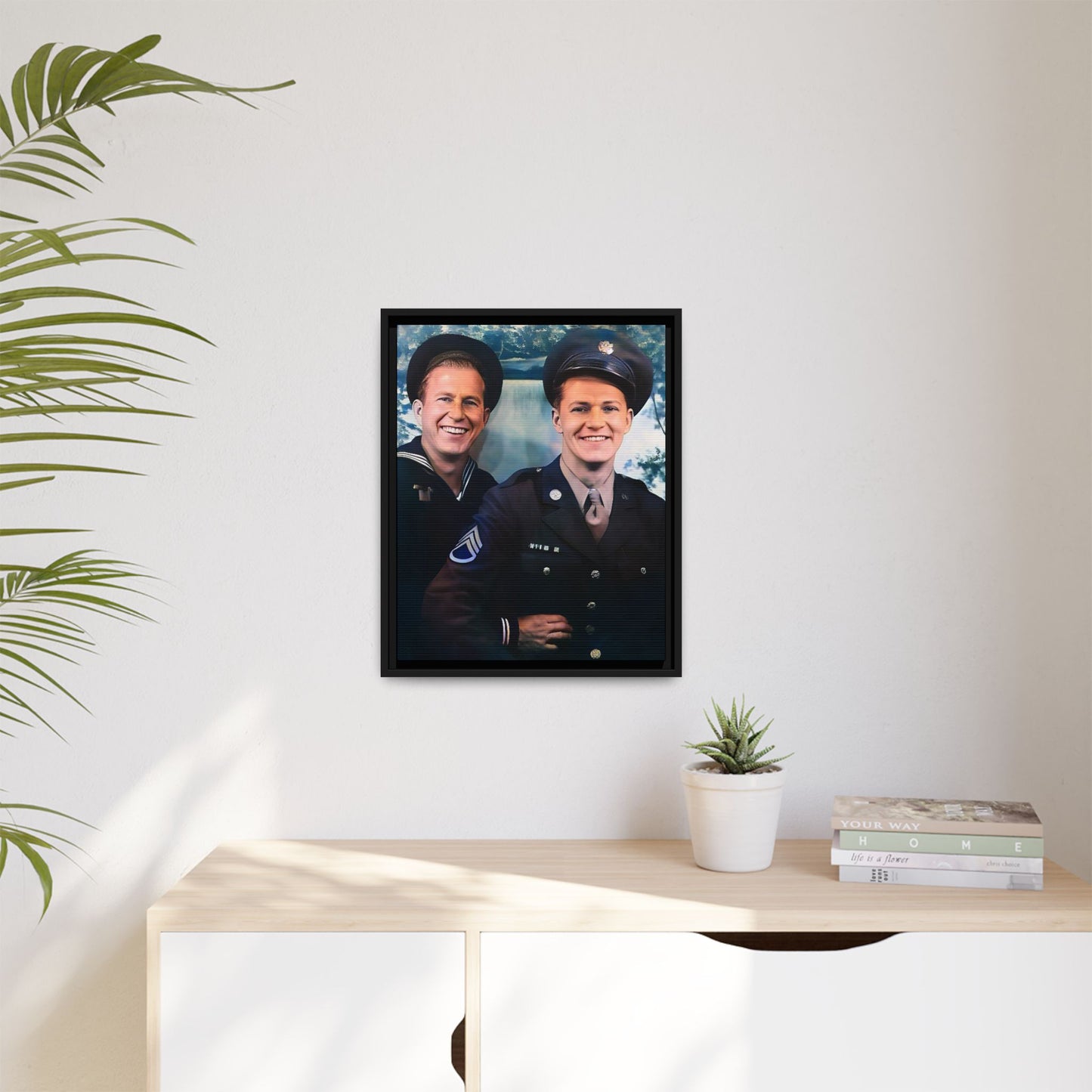 A framed vintage military portrait on matte canvas featuring a sailor and a soldier in Scapa Flow, Scotland, symbolizing service and camaraderie. Gay Couple