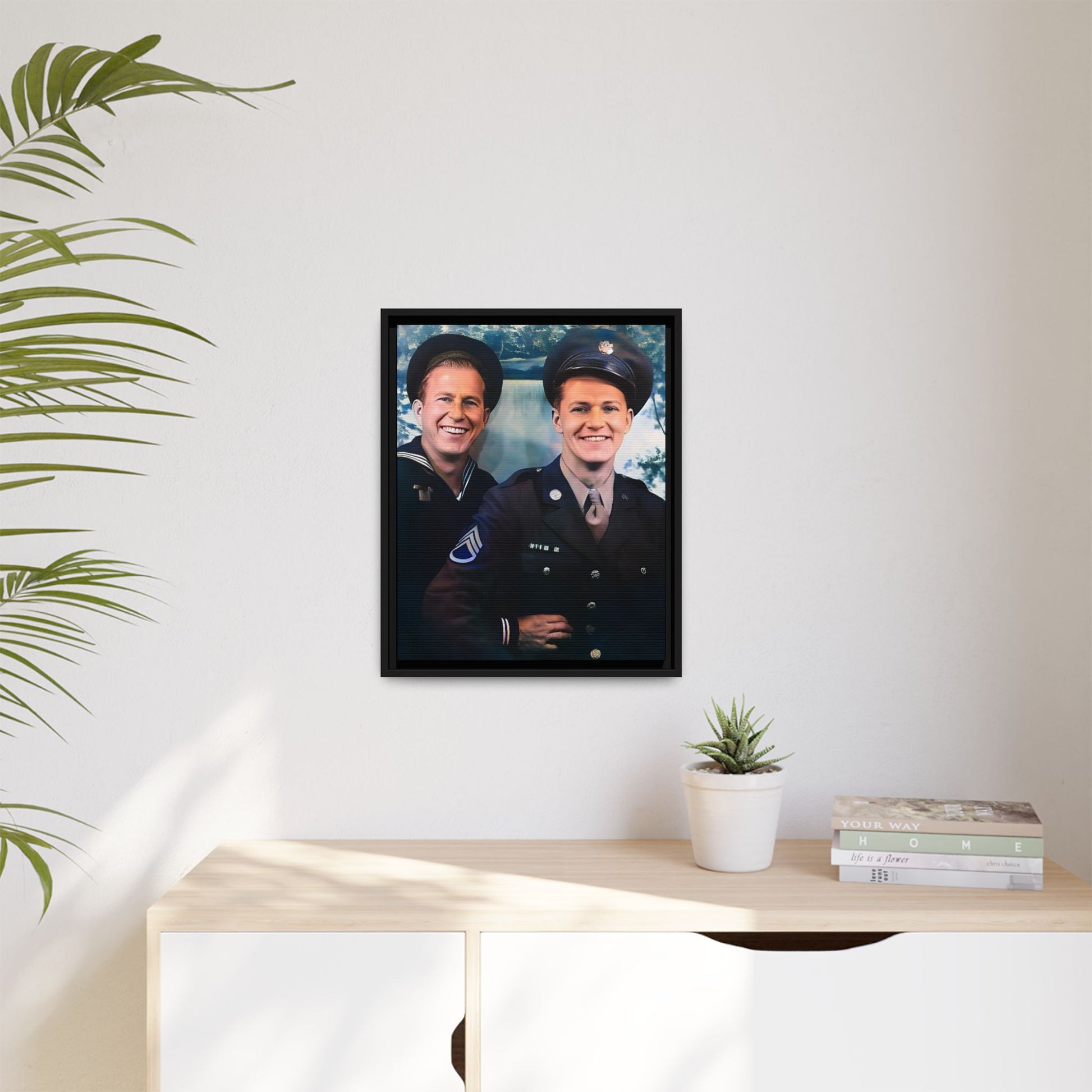 A framed vintage military portrait on matte canvas featuring a sailor and a soldier in Scapa Flow, Scotland, symbolizing service and camaraderie. Gay Couple