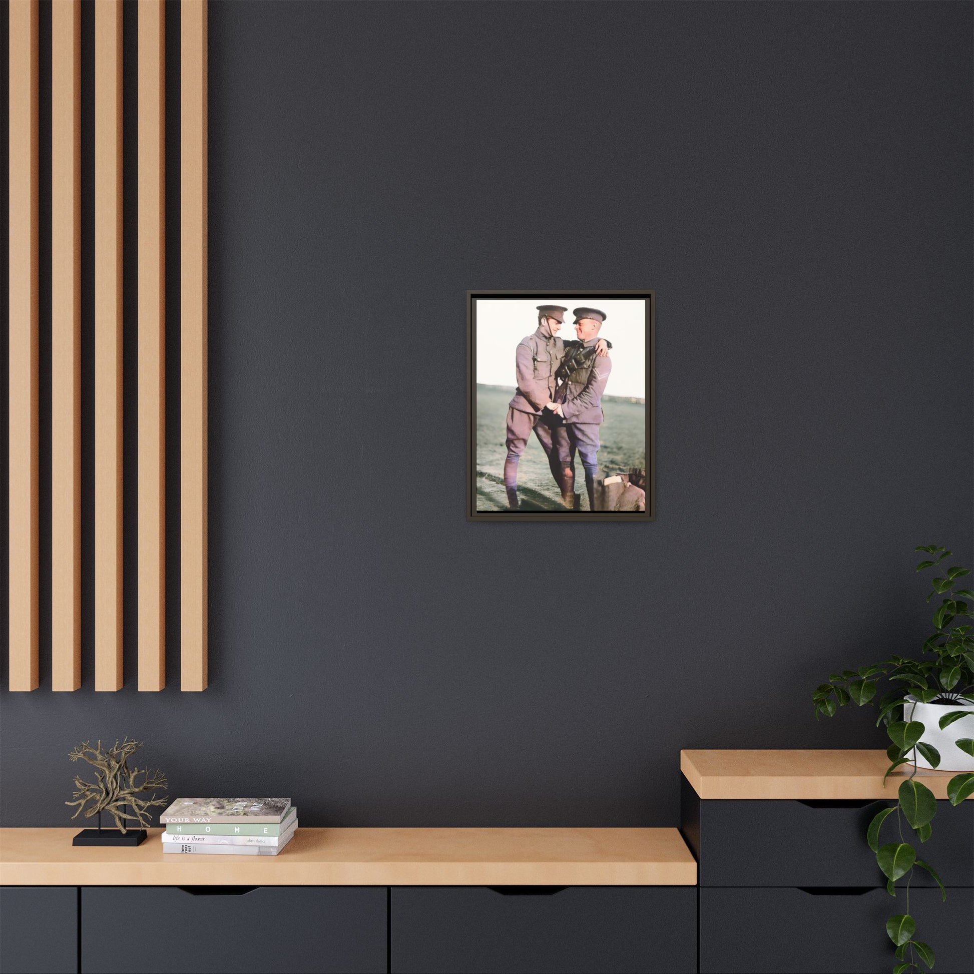 A restored vintage military portrait of Lee & Clifford, soldiers in the Battle of Amiens. This framed matte canvas honors LGBTQ+ history, resilience, and love in wartime.