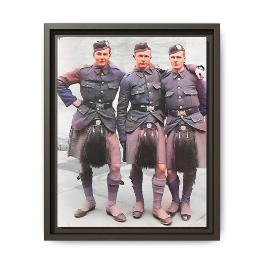 A restored vintage portrait of Gordon Highlanders in Glasgow, Scotland. This framed matte canvas honors Scottish military history, tradition, and unity.