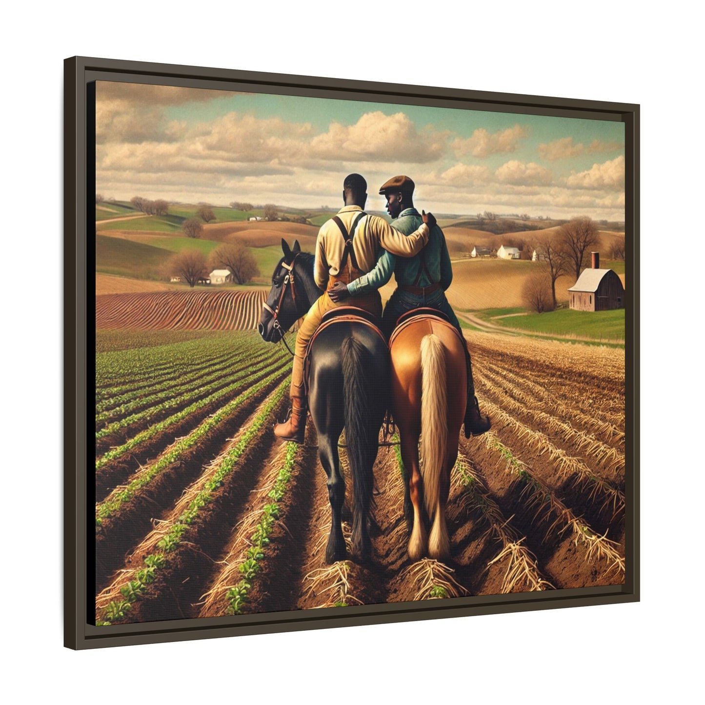 Artwork of an African-American gay couple riding horseback through expansive farmland, sharing a tender moment as they overlook lush fields. Dressed in rugged vintage attire, this scene captures resilience, love, and the charm of rural life, celebrating LGBTQ+ history and African-American heritage.