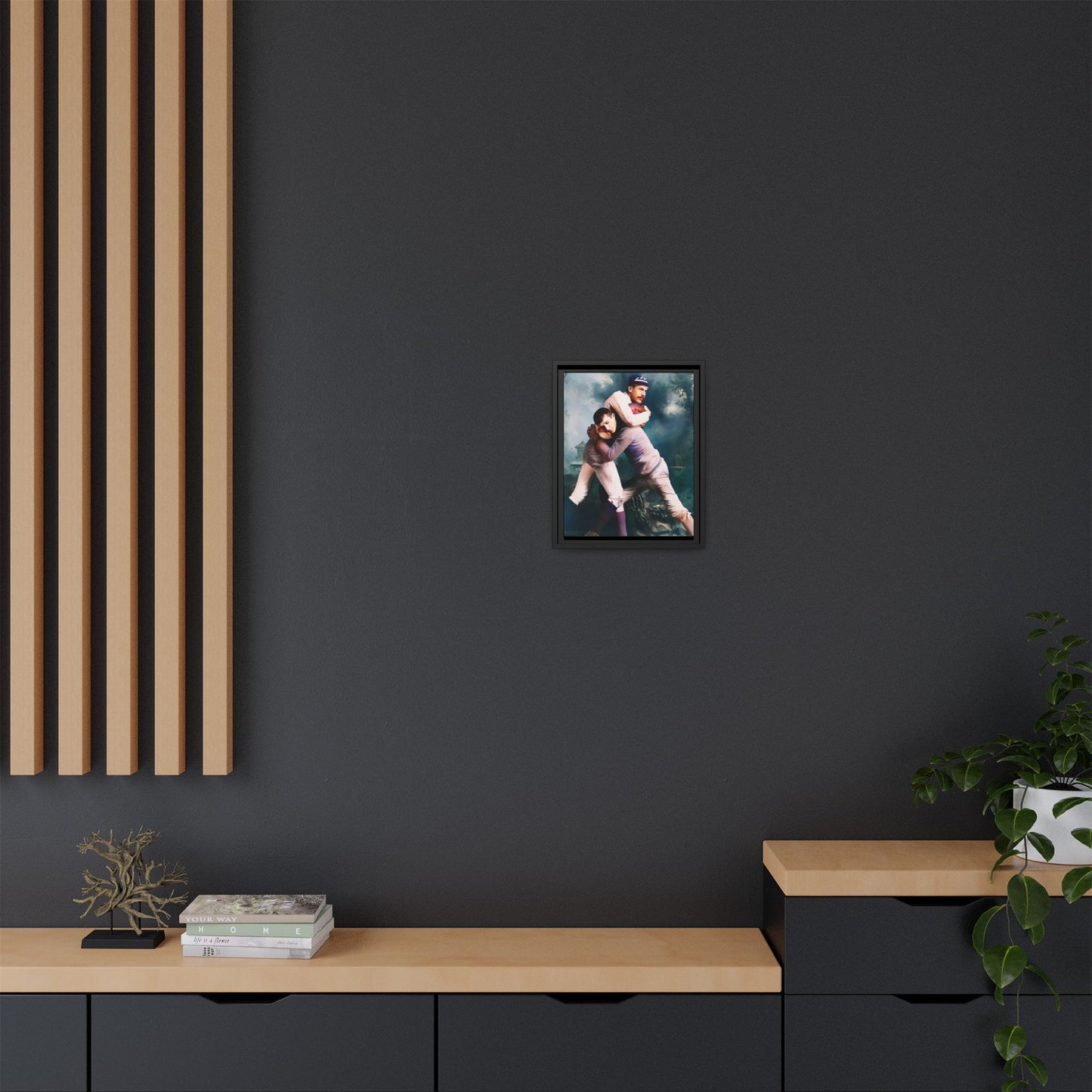 A framed vintage sports portrait on matte canvas featuring Theodore and Patrick in Chapel Hill, North Carolina, capturing timeless strength, camaraderie, and connection.