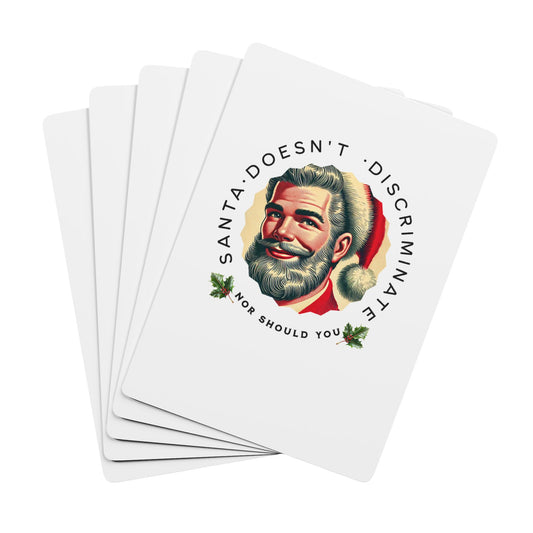 Christmas Poker Cards featuring a retro Santa Claus with the message 'Santa Doesn’t Discriminate – Nor Should You.