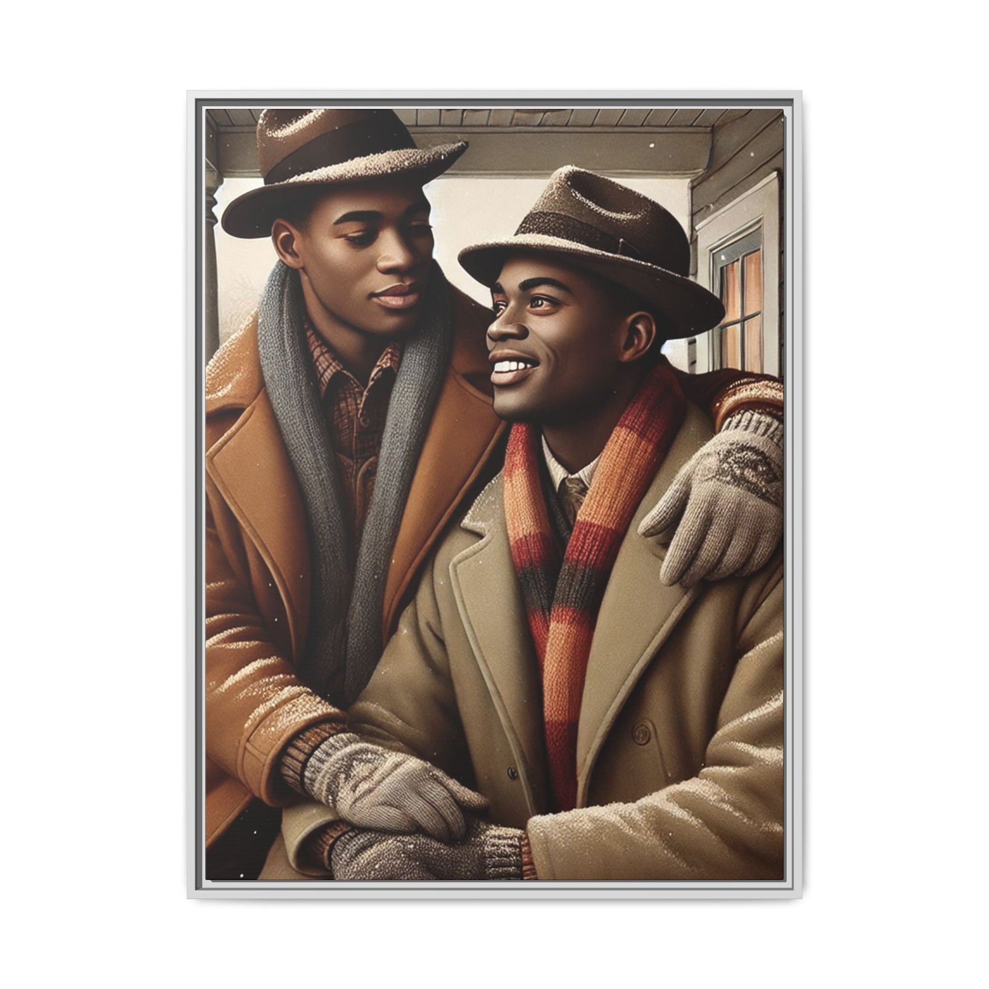 Artwork of an African-American queer couple sharing a cozy winter moment on a porch. Dressed in vintage winter attire with fedoras, scarves, and warm coats, they exchange affectionate gazes amidst softly falling snow, capturing love, warmth, and intimacy in a nostalgic winter setting.