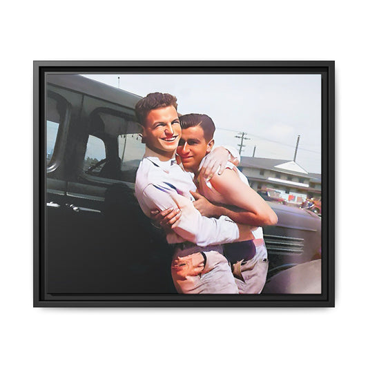 A framed vintage love portrait on matte canvas featuring Henry and Raymond in Peoria, Illinois, capturing timeless LGBTQ+ connection and joy. Gay Couple