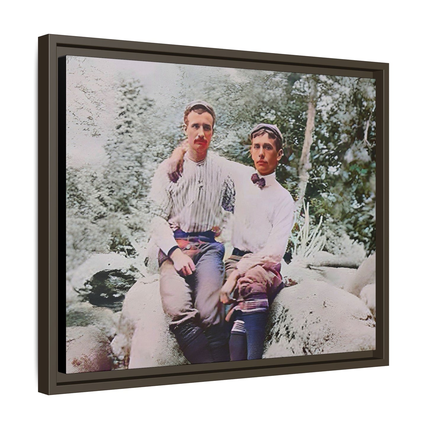A framed vintage love portrait on matte canvas featuring Grover and Emil in Villamont, Virginia, capturing timeless LGBTQ+ connection and companionship. Gay Couple