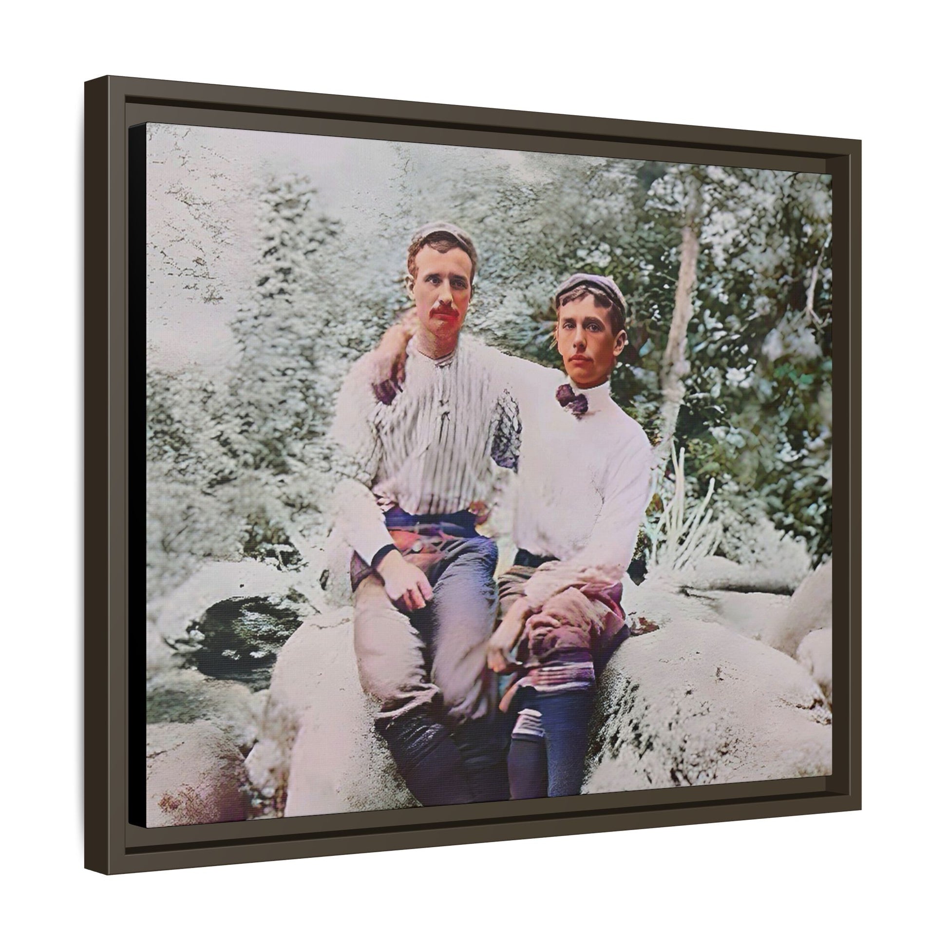 A framed vintage love portrait on matte canvas featuring Grover and Emil in Villamont, Virginia, capturing timeless LGBTQ+ connection and companionship. Gay Couple