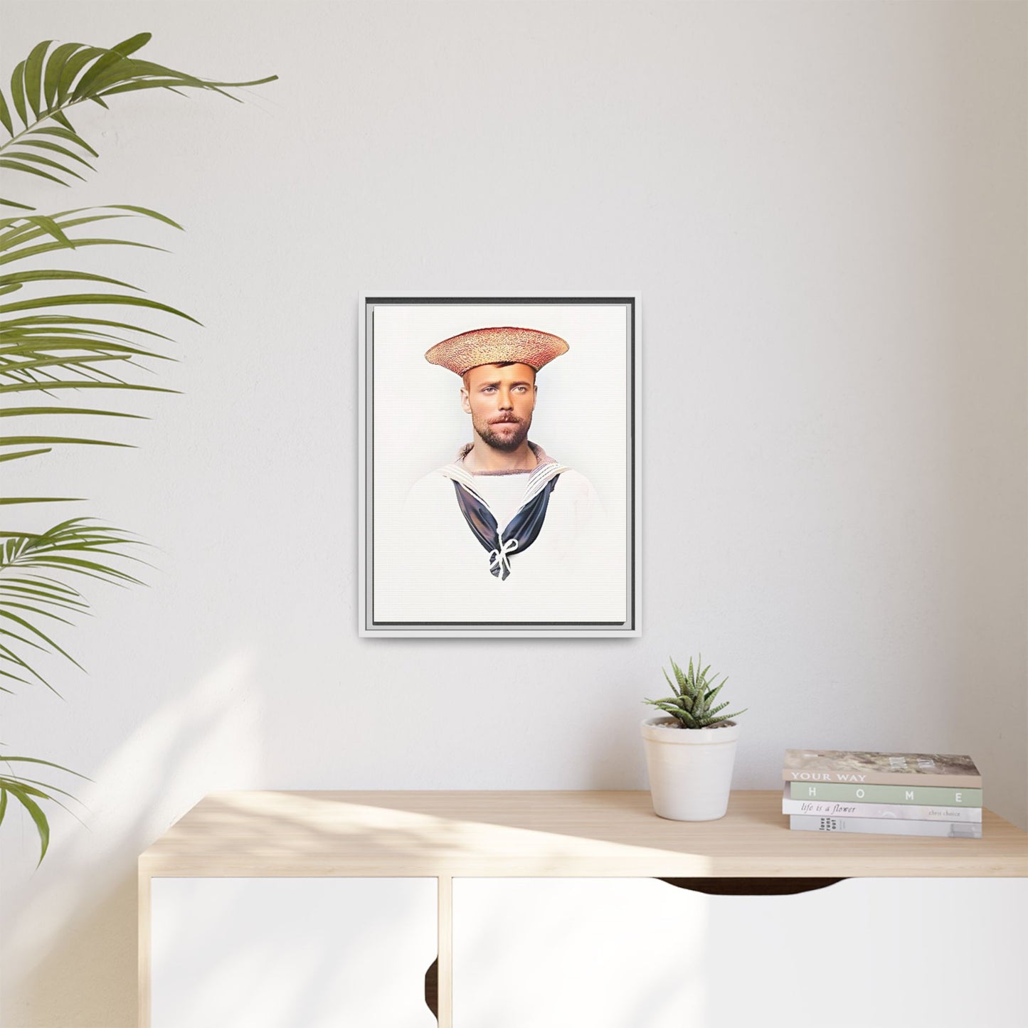 A restored vintage portrait of Elijah, a British sailor in Weihaiwei, China. This framed matte canvas honors naval history, tradition, and duty.