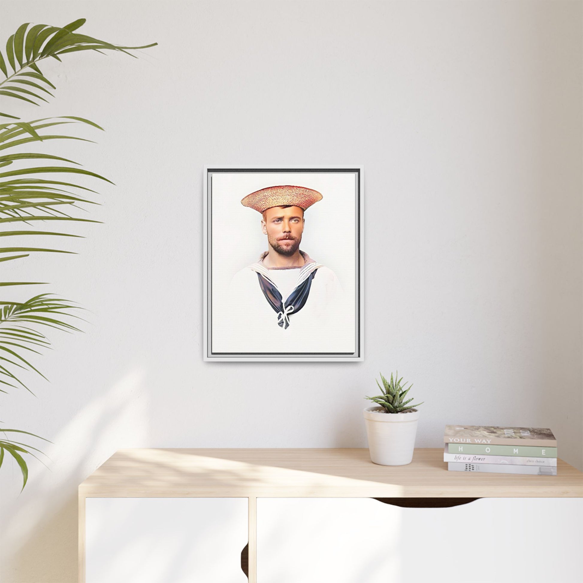 A restored vintage portrait of Elijah, a British sailor in Weihaiwei, China. This framed matte canvas honors naval history, tradition, and duty.