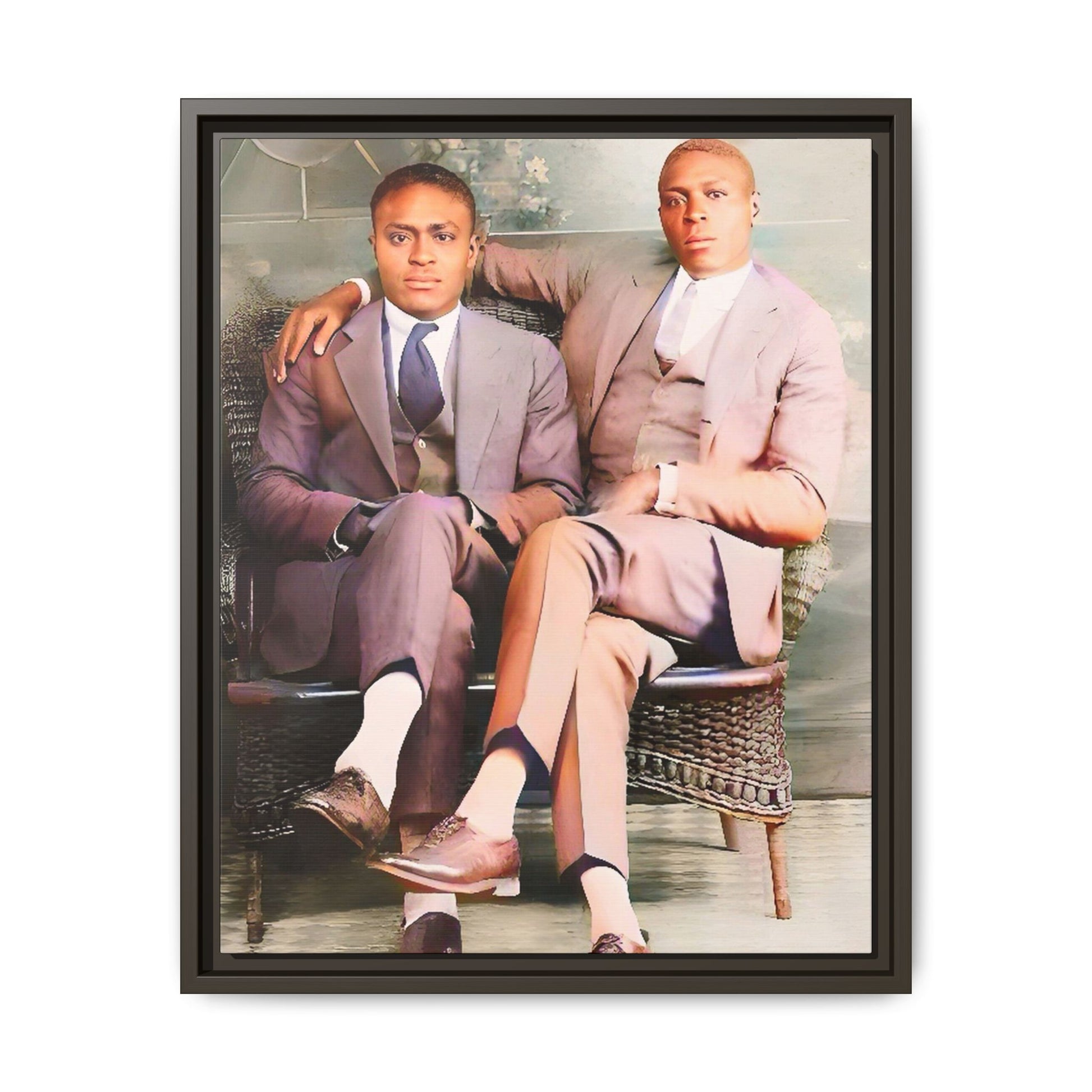 Restored vintage portrait of Walter & George, an African American gay couple seated in Birmingham AL, framed canvas art. Gay Juneteenth Black Love History Month