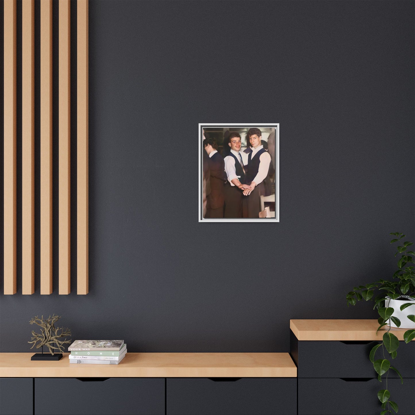 Restored and colorized mid-20th century photo of Clarence and Francis dancing, celebrating LGBTQ+ love and resilience, framed as a matte canvas wall décor piece. Gay Couple