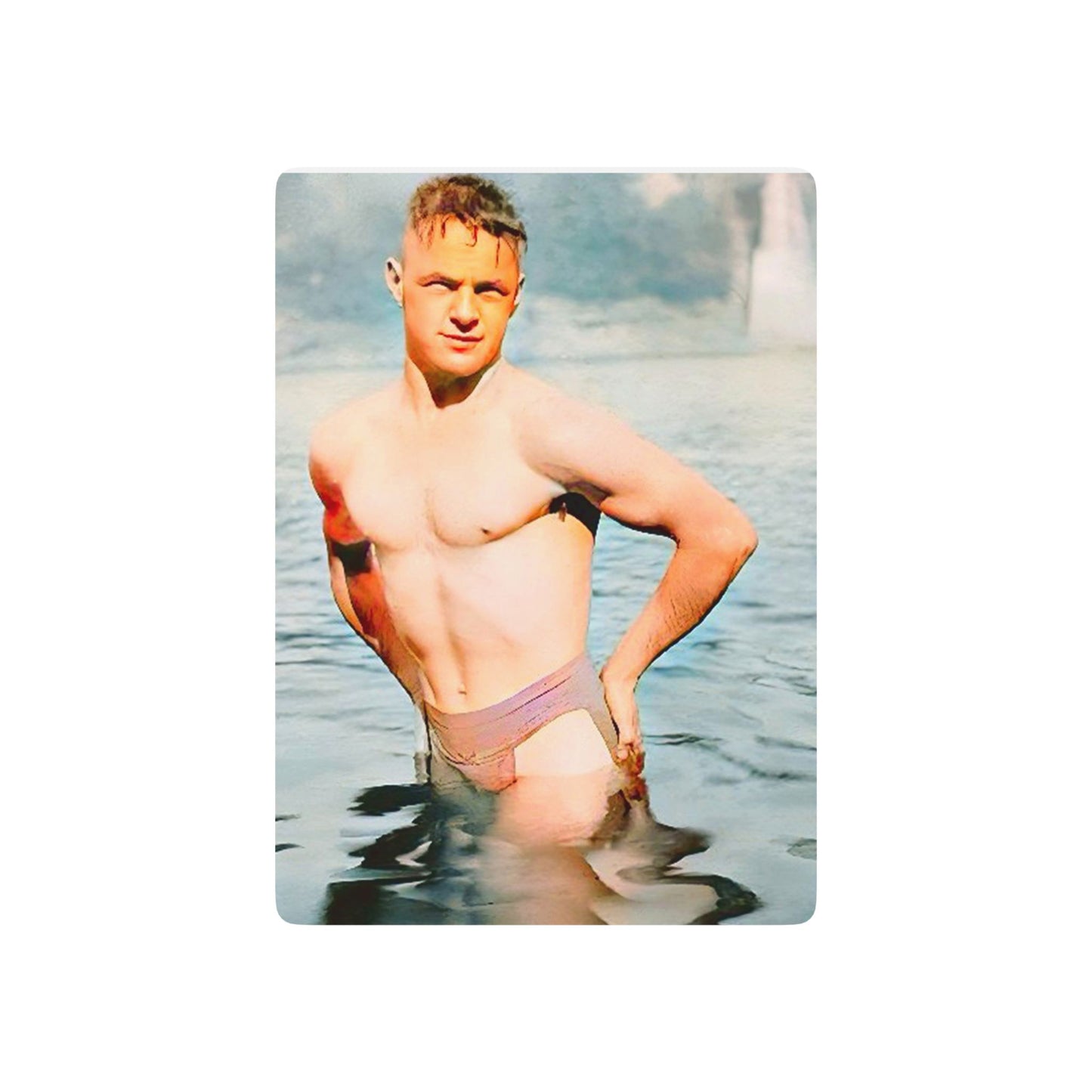 Vintage poker cards featuring a restored photo of a young man standing in Lake Wawasee, Indiana, in classic 1930s swimwear.