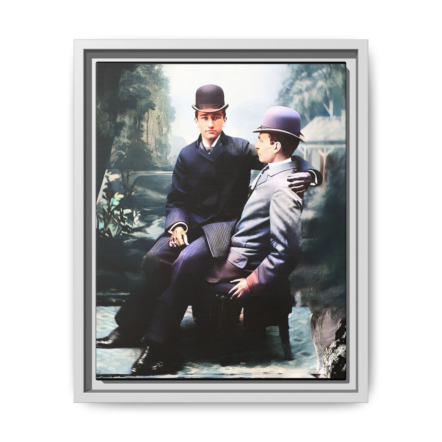 Restored 1800s photo of Cash & Arwood, Irish gay couple in loving pose, framed canvas print