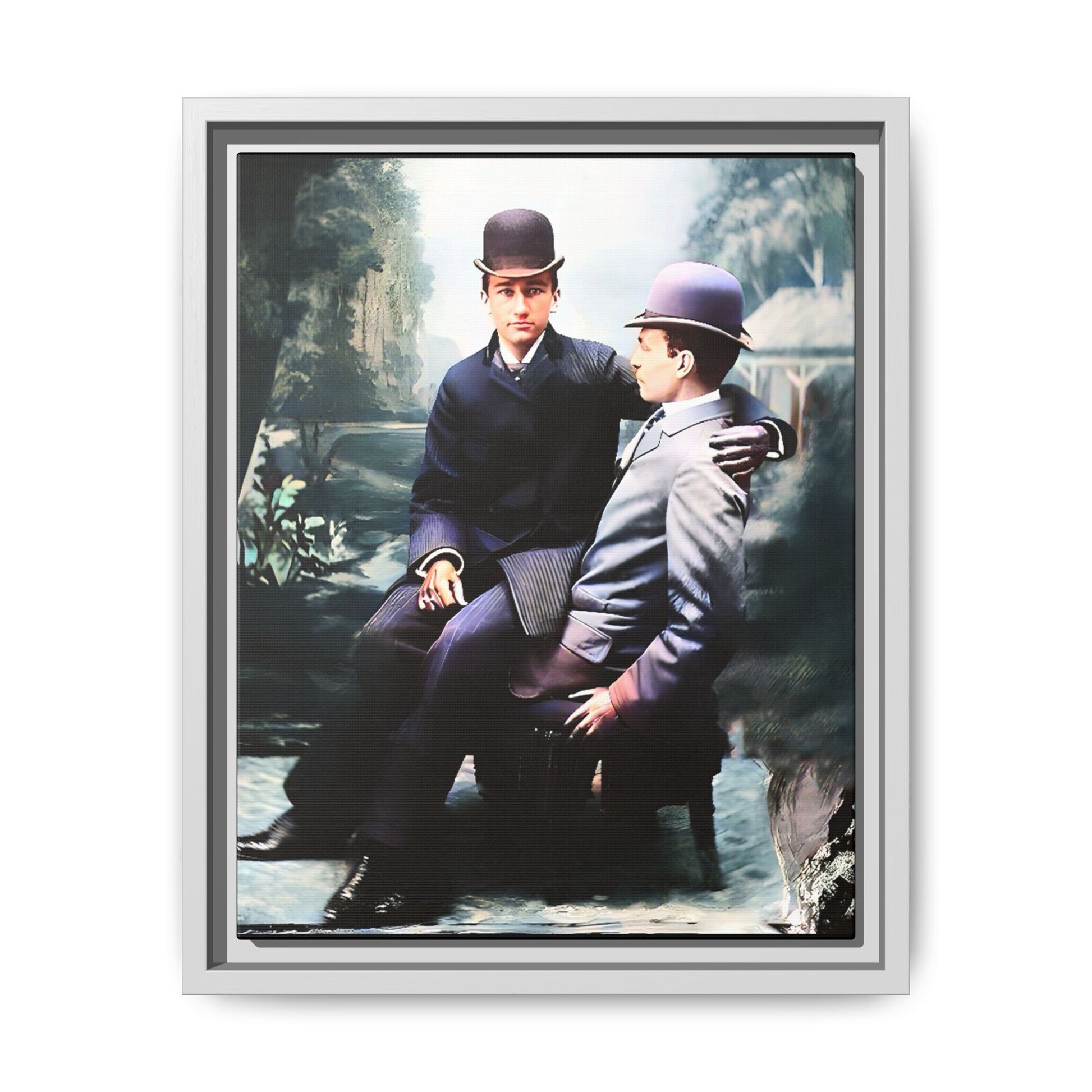 Restored 1800s photo of Cash & Arwood, Irish gay couple in loving pose, framed canvas print