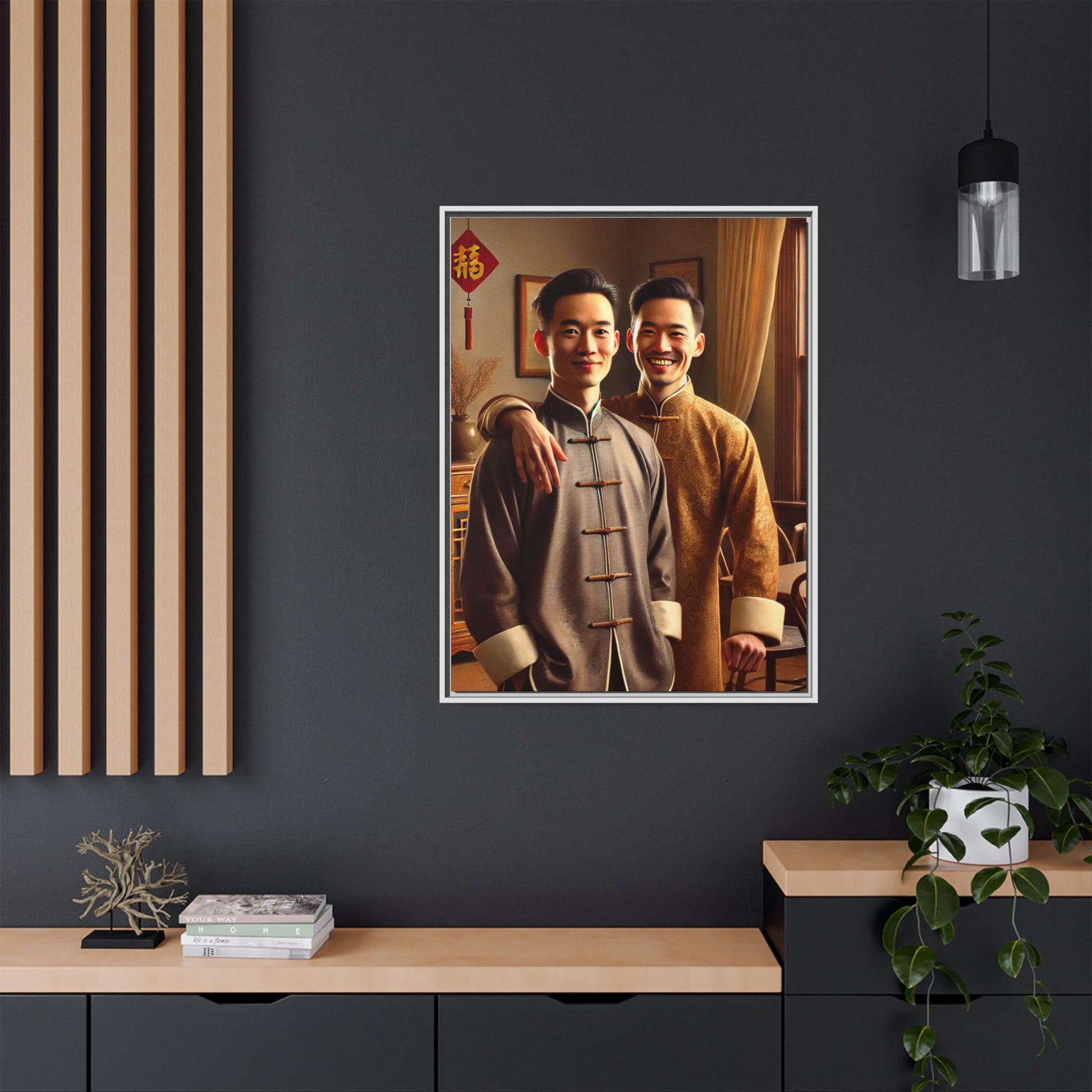 Artwork featuring a joyful portrait of a Chinese queer couple celebrating Chinese New Year in traditional attire. Set in a cozy American home adorned with subtle decorations, this image captures love, cultural pride, and warmth, blending Chinese heritage with a Midwestern setting