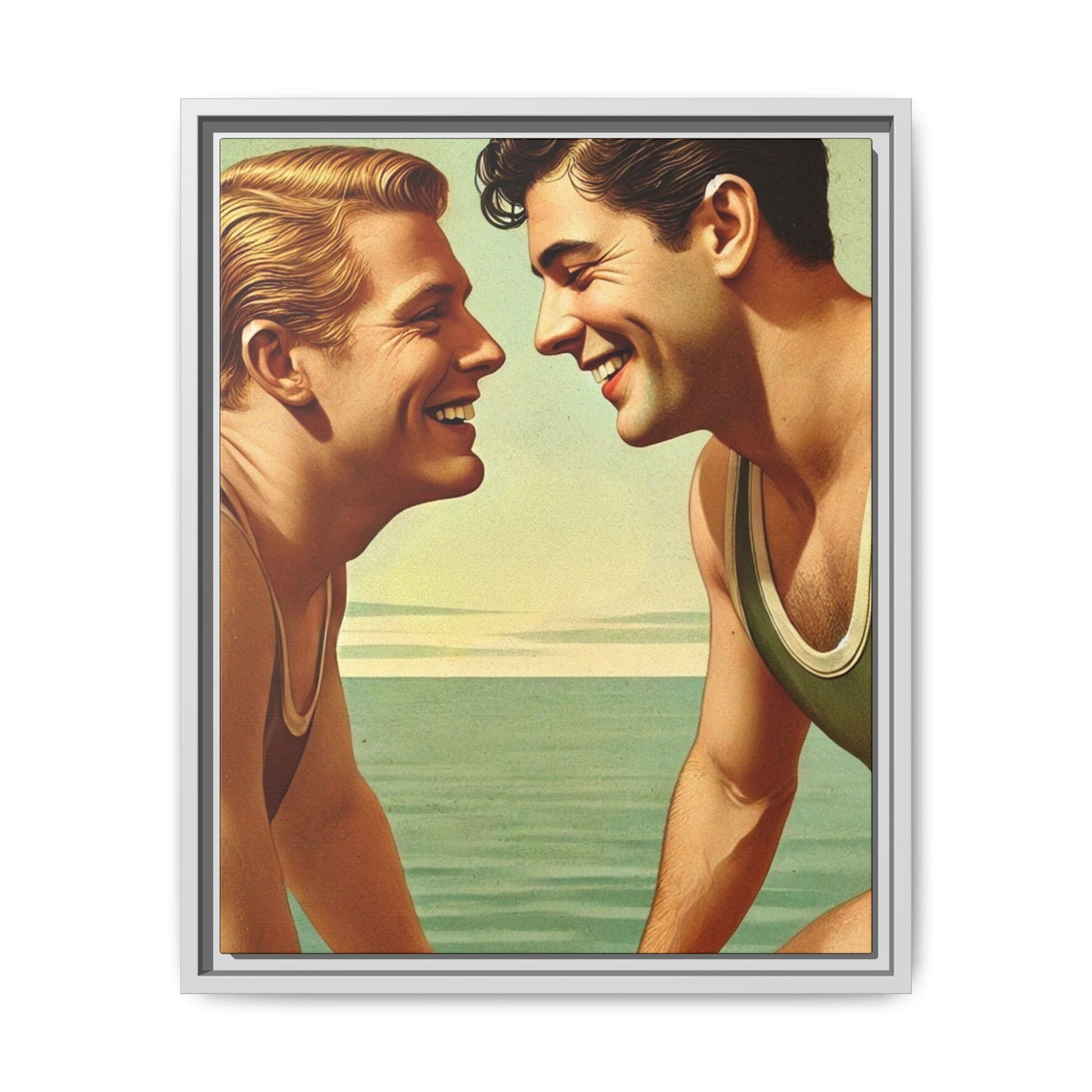 Vintage-style artwork of a joyful 1930s moment between a gay couple by the lake, dressed in classic swimwear and sharing warm smiles. Set on a serene wooden dock, this piece captures love, companionship, and LGBTQ+ history in an idyllic, nostalgic summer setting.