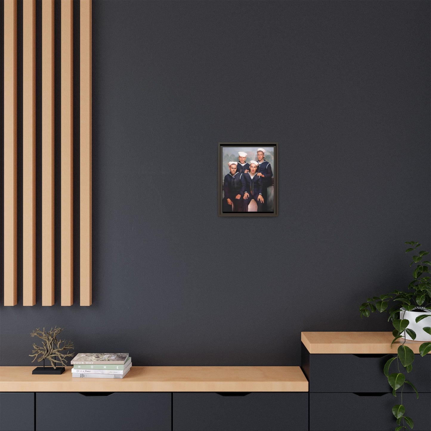A framed vintage naval portrait on matte canvas featuring four sailors at Naval Station Great Lakes, capturing unity, service, and military pride.