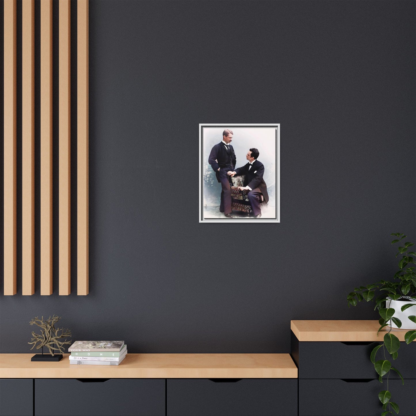 A beautifully restored vintage portrait of Ernest & Richard in Wilmington, North Carolina, exuding elegance and deep connection. Dressed in refined suits, their poised expressions capture a timeless LGBTQ+ love story, making this framed matte canvas print a stunning historical art piece for collectors and enthusiasts.