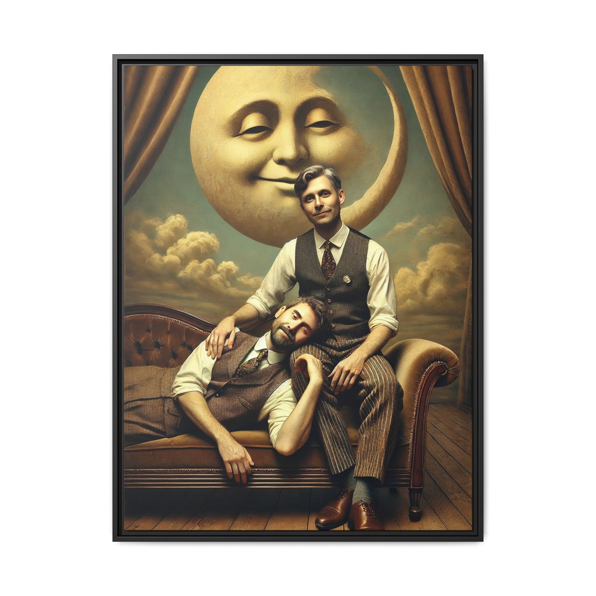 Vintage-style artwork of two men in 1920s clothing sitting close, one resting his head on the other’s lap beneath a smiling moon. Surrounded by theatrical curtains and clouds, this original piece honors lost queer love and challenges historical erasure with tenderness and pride.