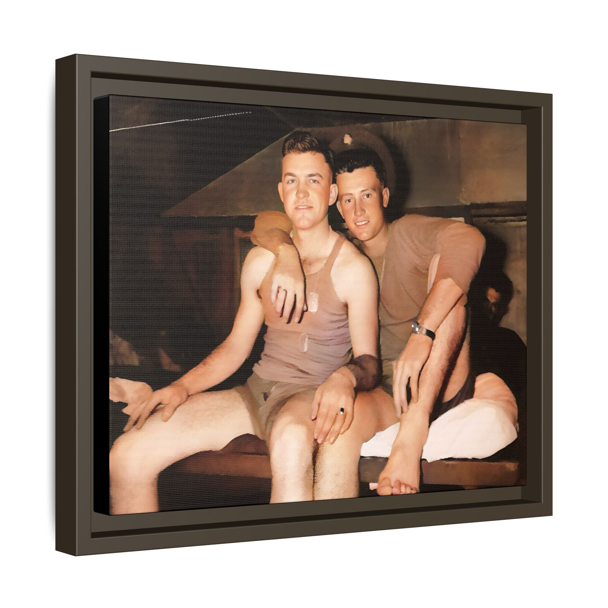 Barracks, Oahu. This framed canvas print honors LGBTQ+ history, military camaraderie, and timeless love, making it a unique and meaningful piece for collectors and history enthusiasts.