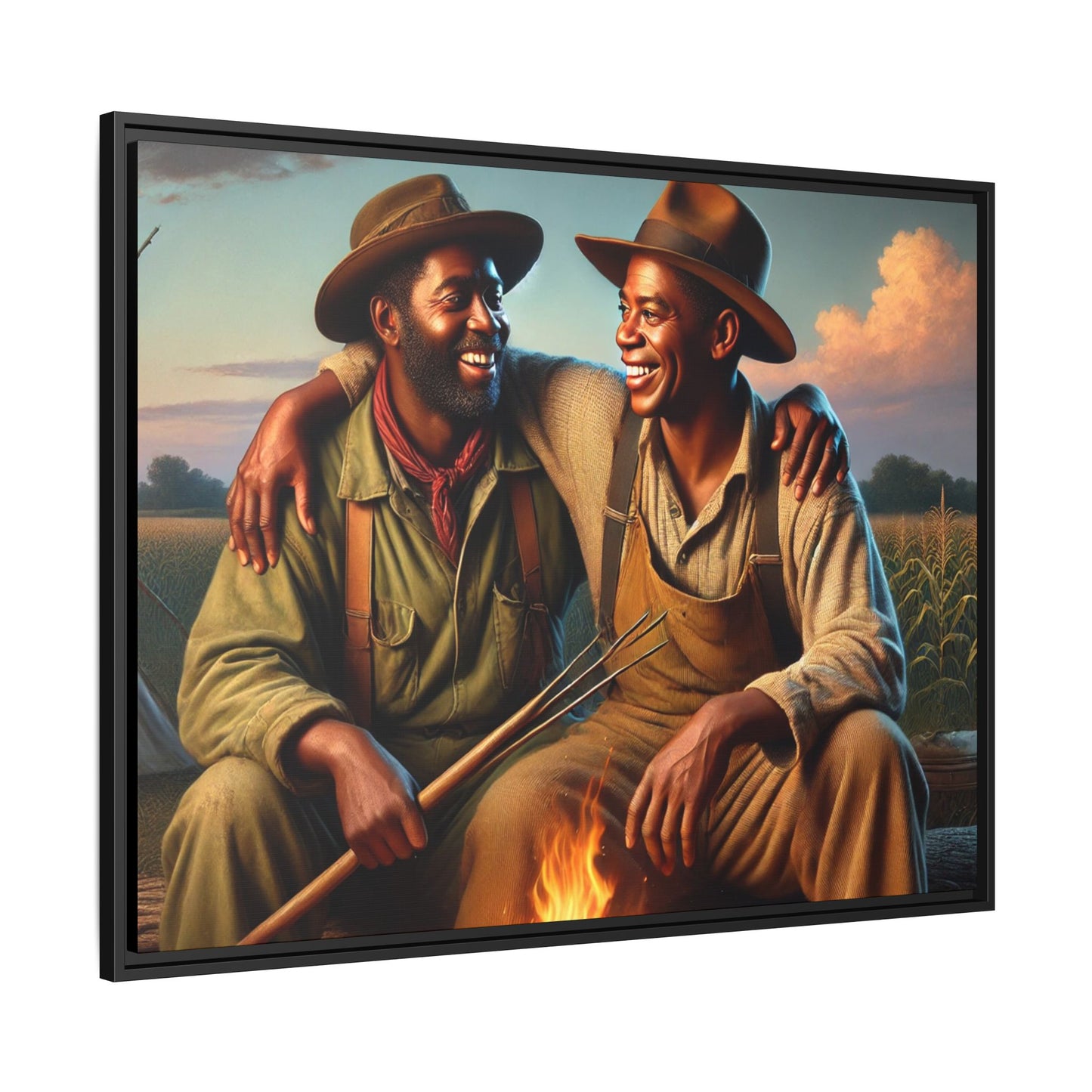 Artwork of an older African-American queer couple sharing a warm, joyful moment by a campfire in rural Iowa. Set against vast fields and an open sky, the scene captures love, resilience, and the nostalgic beauty of Americana, with firelight illuminating their laughter and companionship