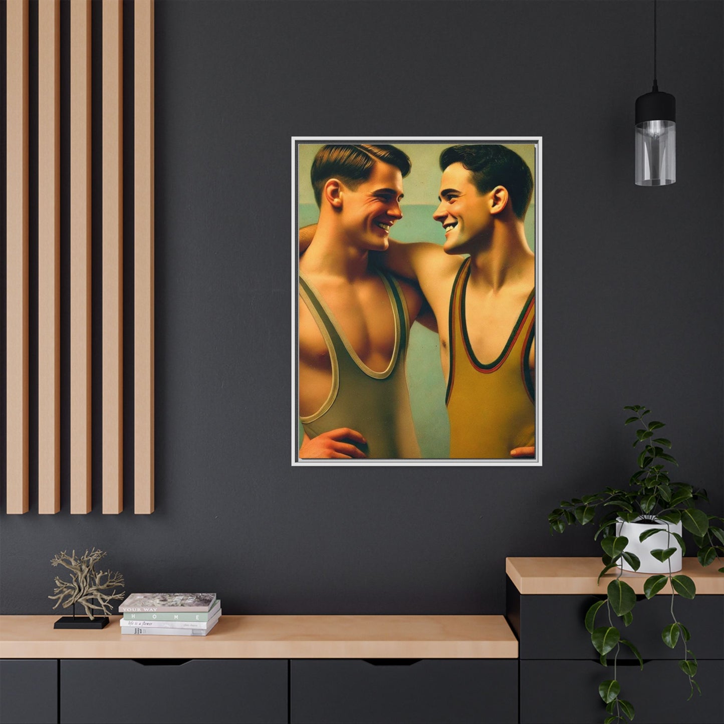 Framed artwork of two young wrestlers in vintage singlets sharing a candid moment, inspired by Grant Wood's Regionalist art style.