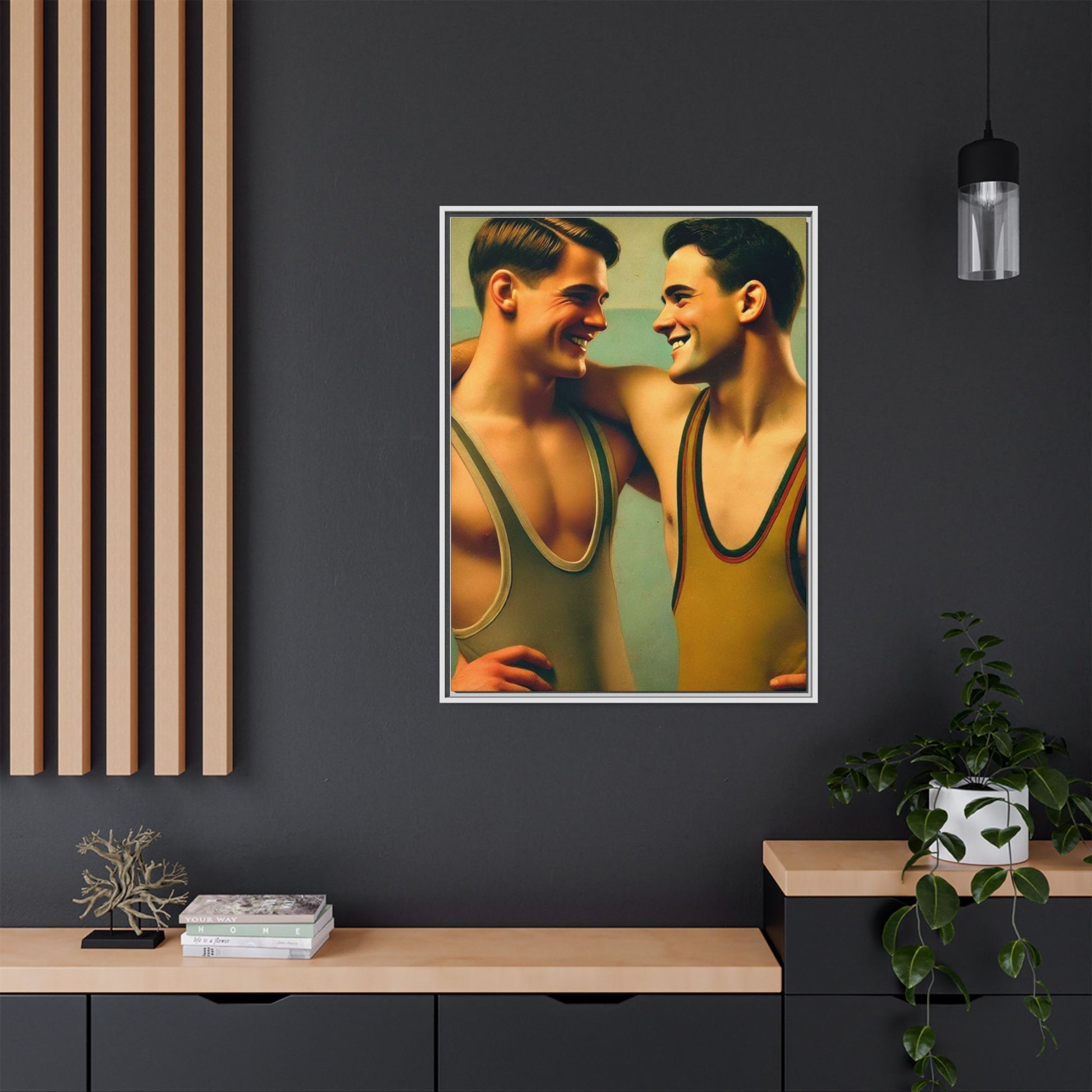 Framed artwork of two young wrestlers in vintage singlets sharing a candid moment, inspired by Grant Wood's Regionalist art style.